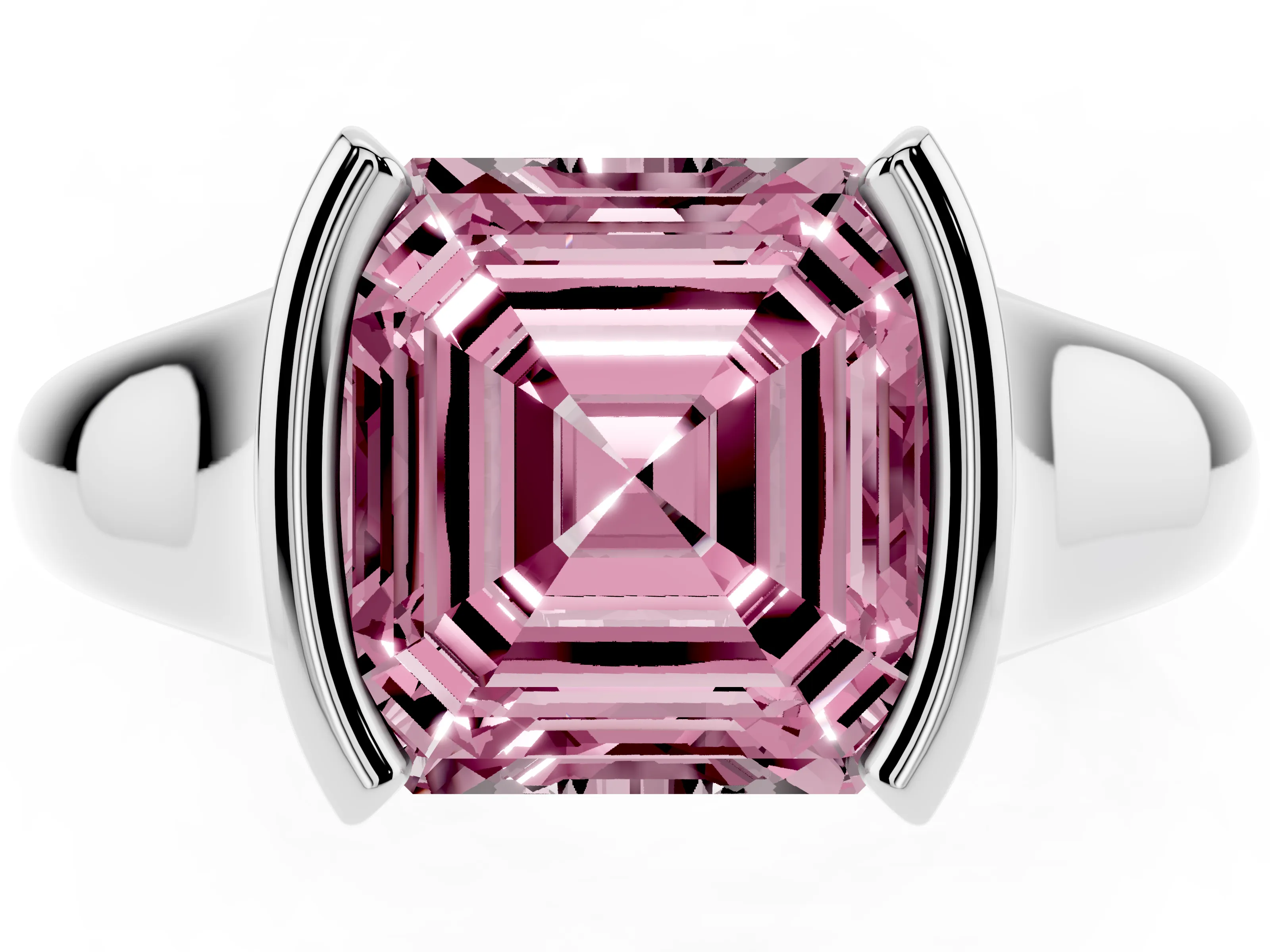 Fancy Pink Asscher Cut Diamond Solitaire Tension Set Ring Set in Platinum with Split Shank Band
