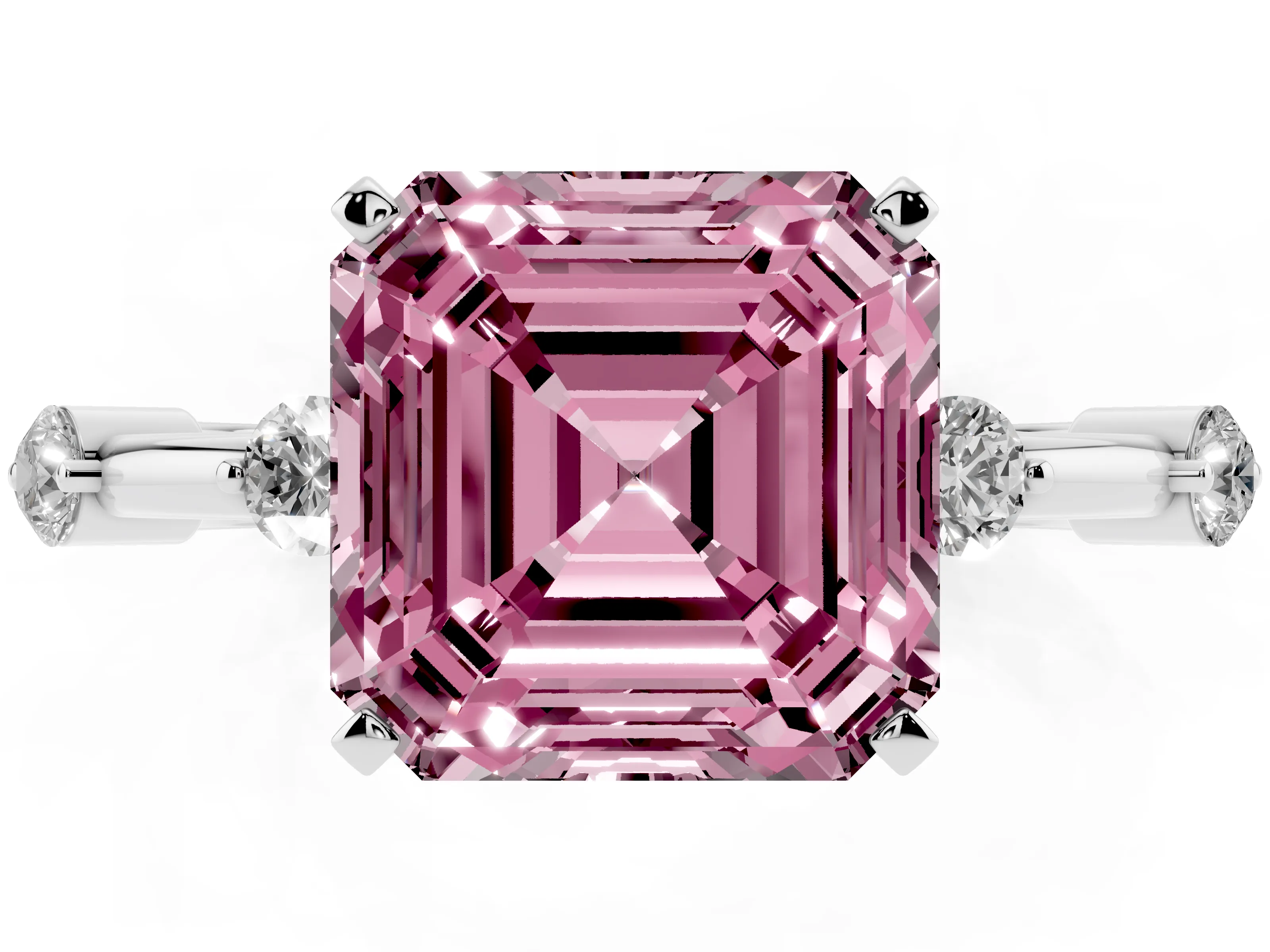 Fancy Pink Asscher Cut Diamond Solitaire Ring Set in Silver with Bezel Set Side Stones and Prong Setting