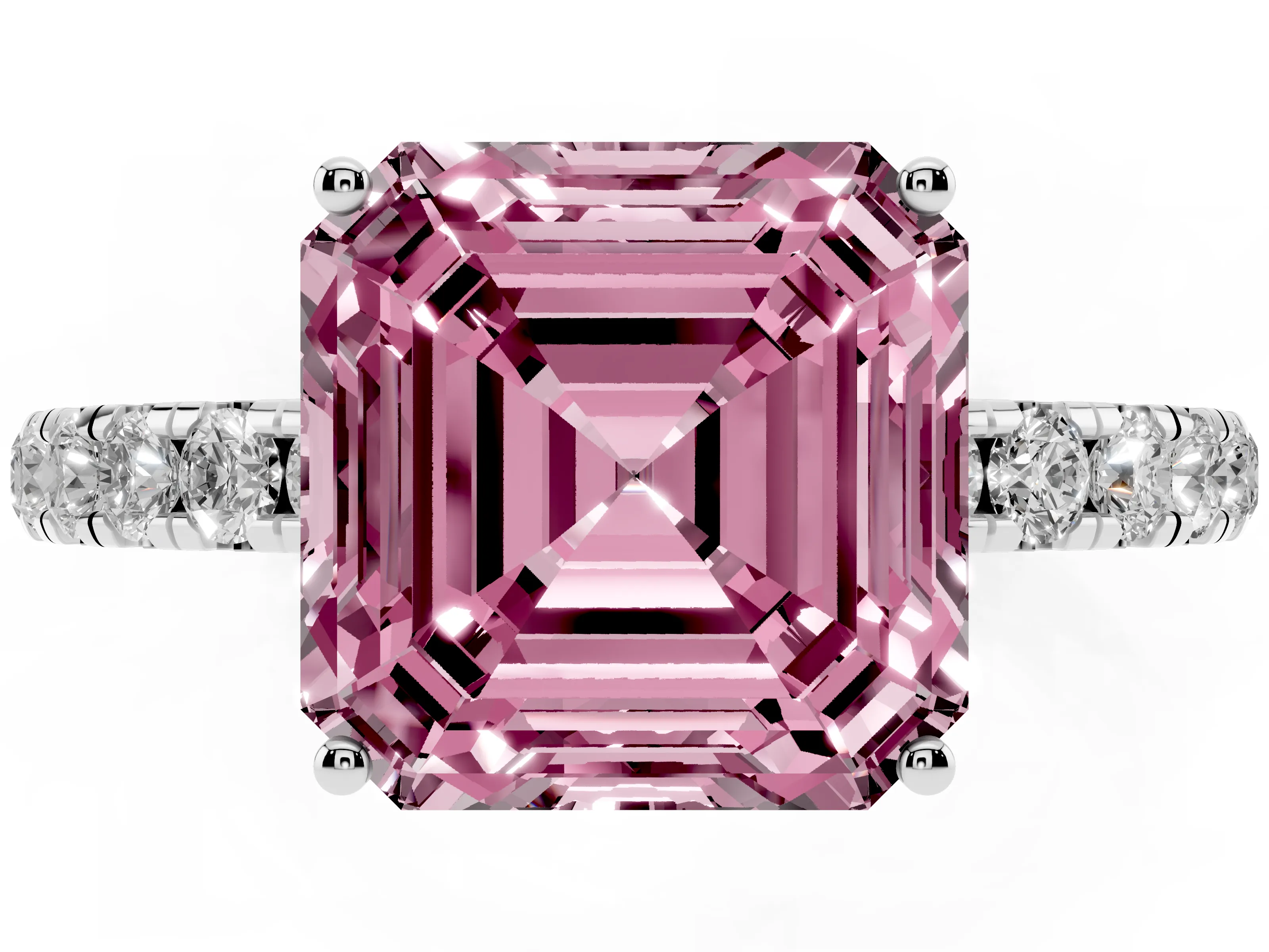 Fancy Pink Asscher Cut Diamond Pavé Solitaire Engagement Ring Set in Platinum with Prong Setting