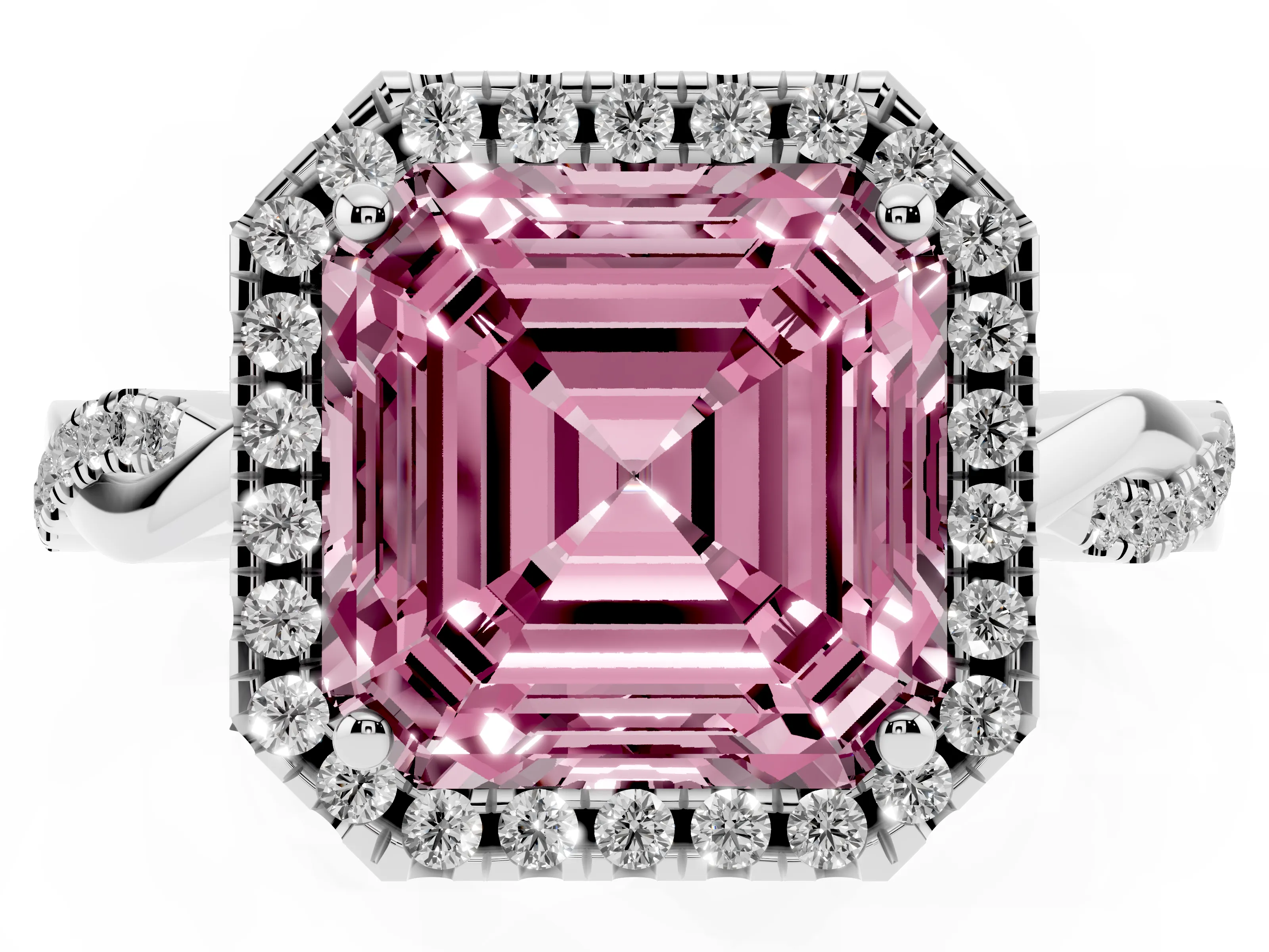 Fancy Pink Asscher Cut Diamond Halo Twisted Band Ring Set in Silver with Prong Setting