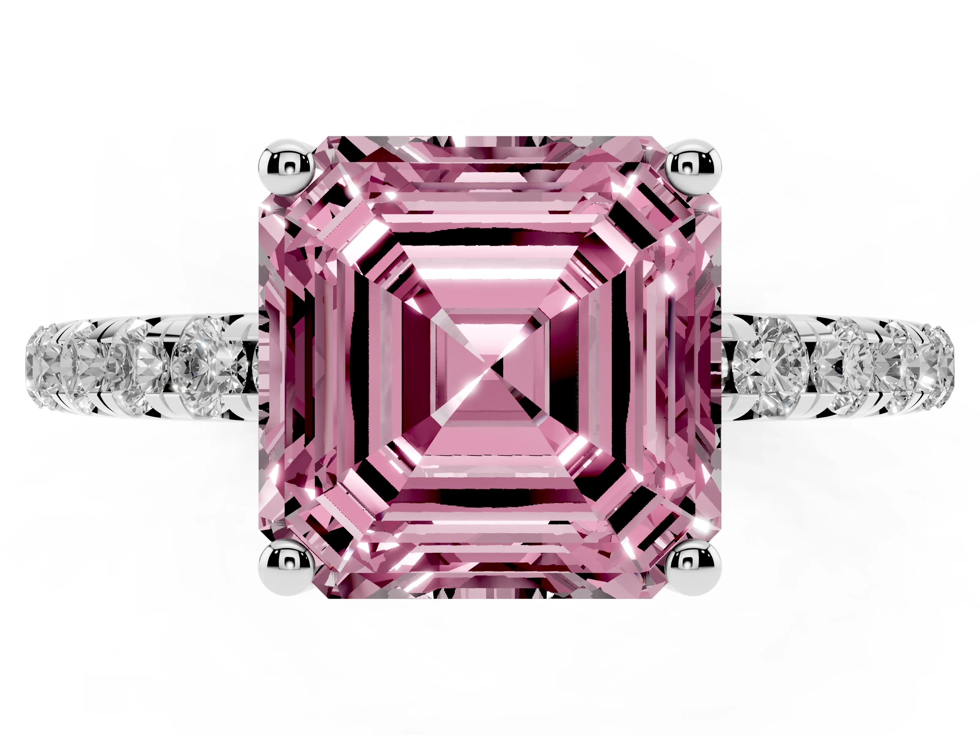 Fancy Pink Asscher Cut Diamond Solitaire Ring Set in Platinum with Micro Pavé Band and Prong Setting