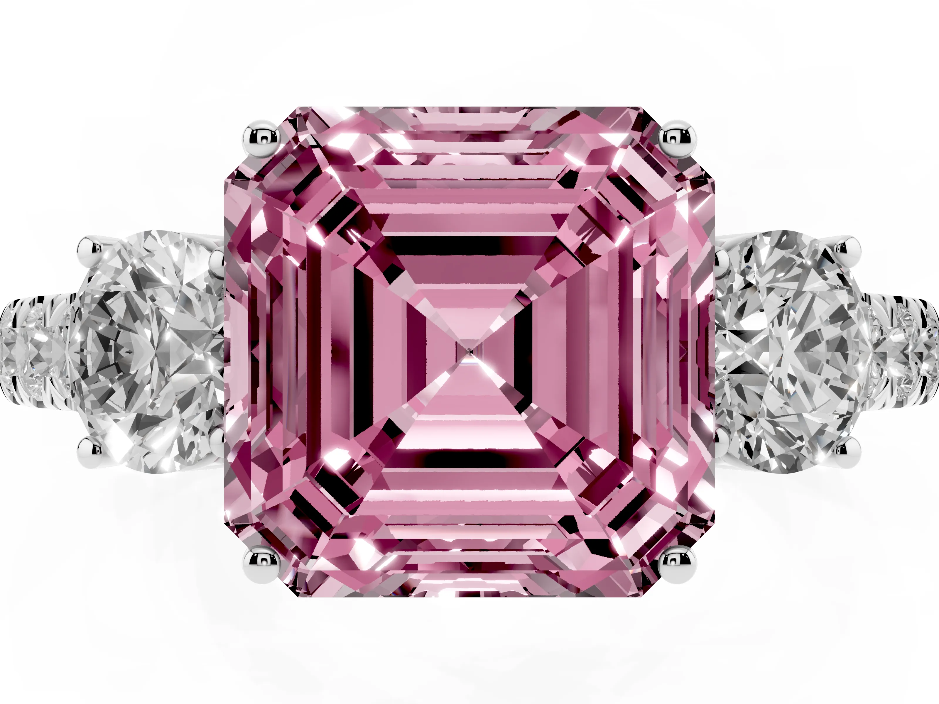 Fancy Pink Asscher Cut Diamond Three-Stone Ring Set in Platinum with Round Side Stones and Delicate Pavé Band