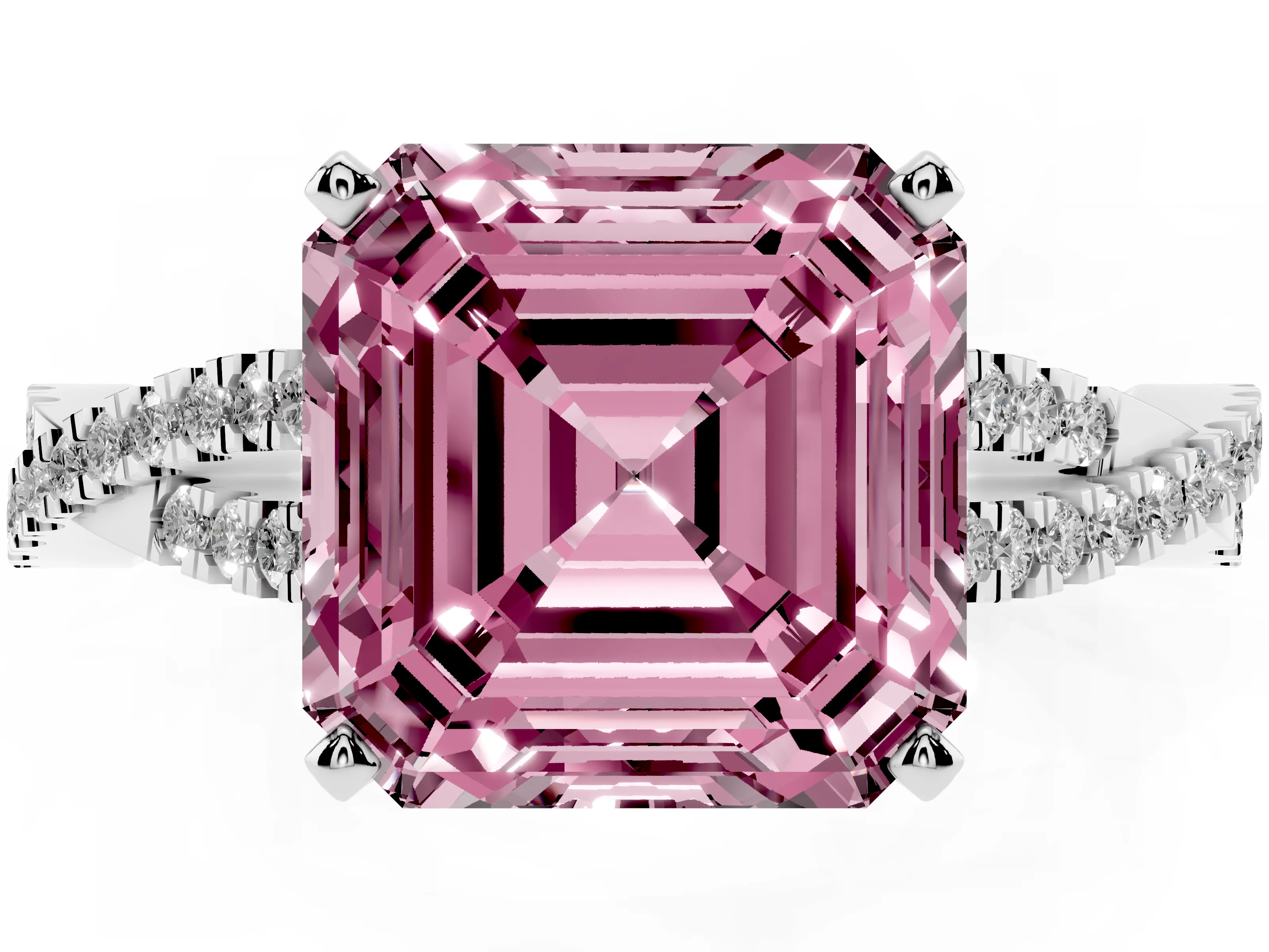 Fancy Pink Asscher Cut Diamond Solitaire Engagement Ring Set in White gold with Twisted Pavé Band and Prong Setting