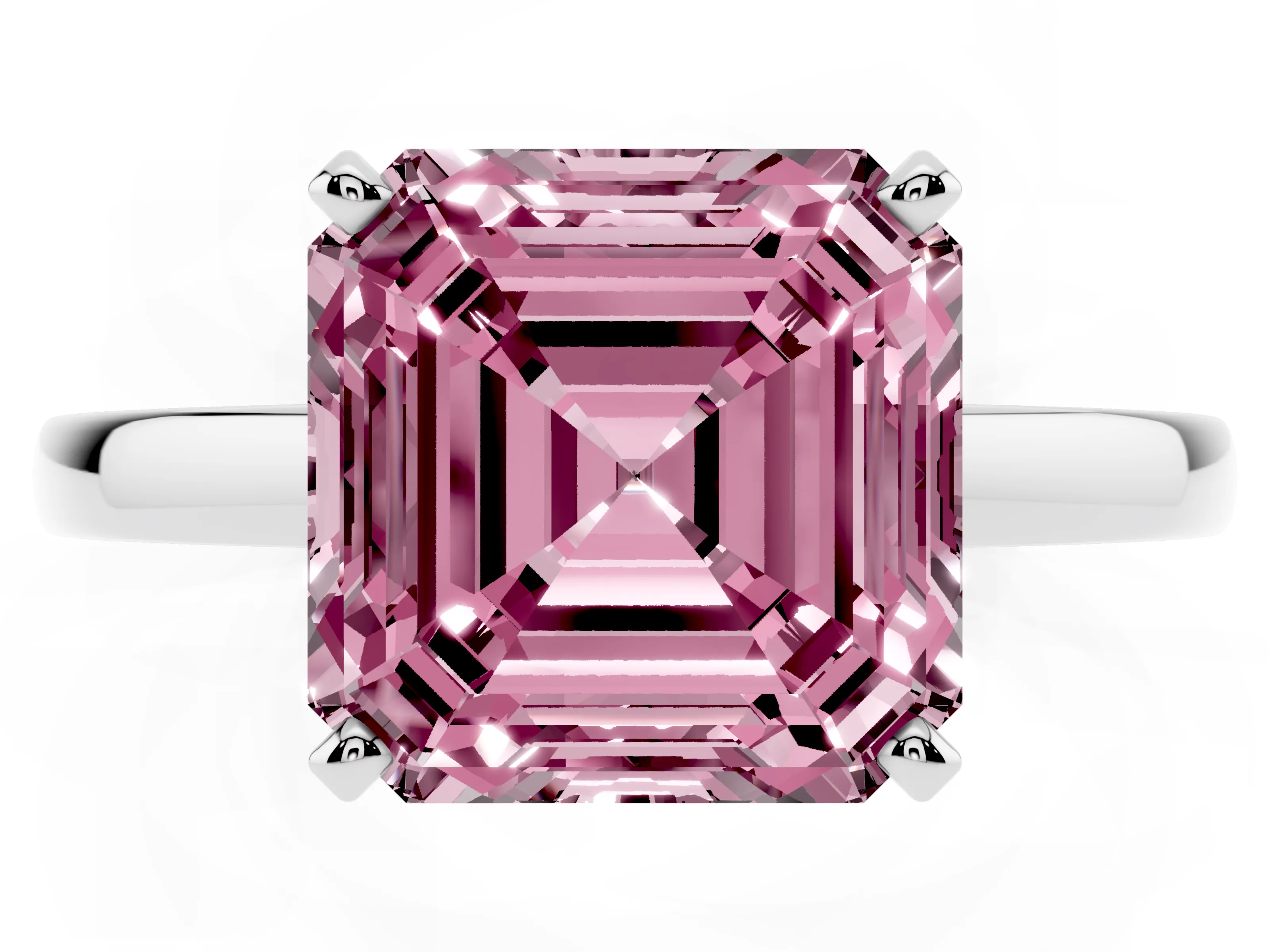 Fancy Pink Asscher Cut Diamond Solitaire Engagement Ring Set in Platinum with Prong Setting on a Classic Band