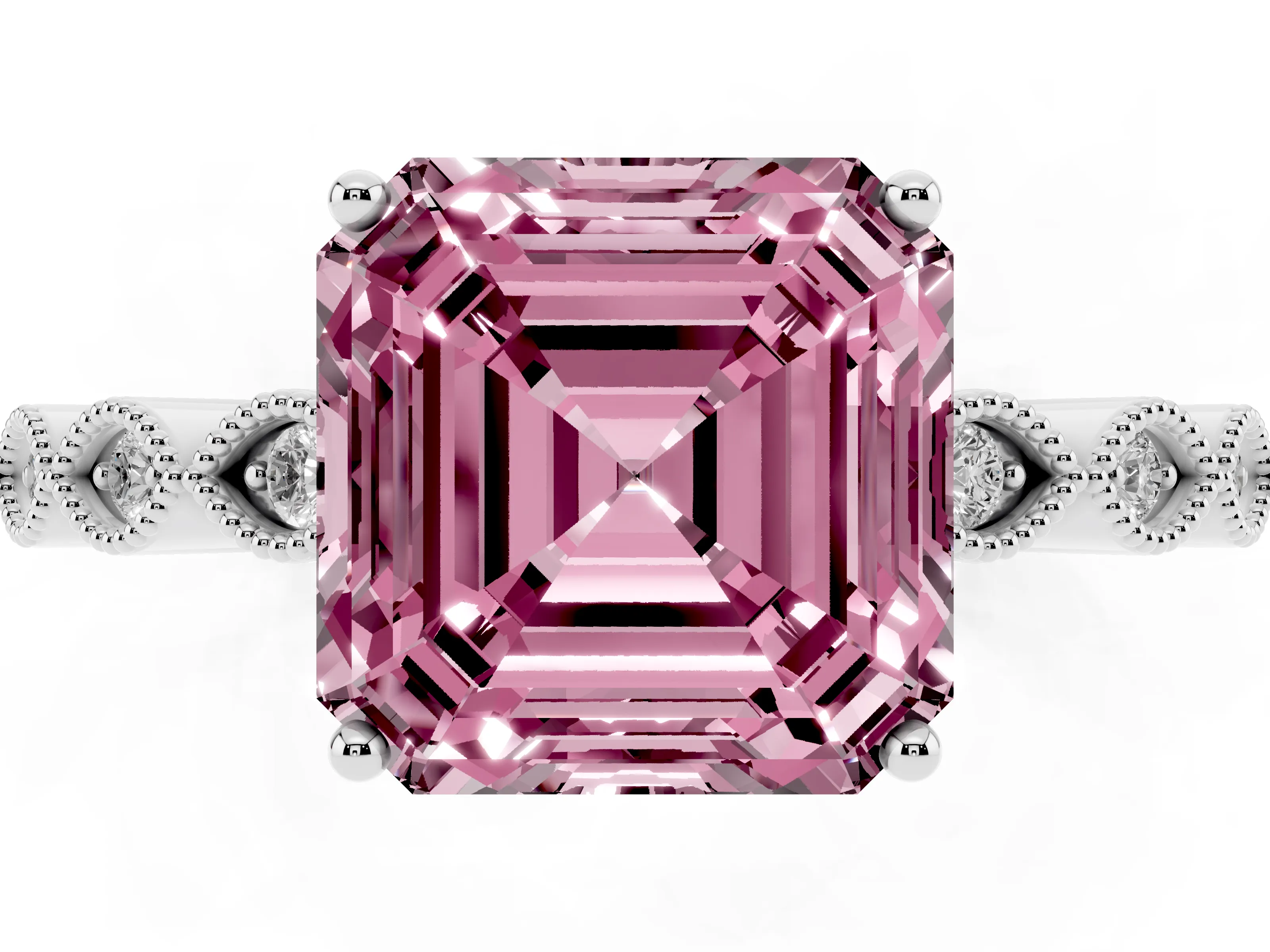 Fancy Pink Asscher Cut Diamond Solitaire Ring Set in White gold with Infinity Twist Pavé Band