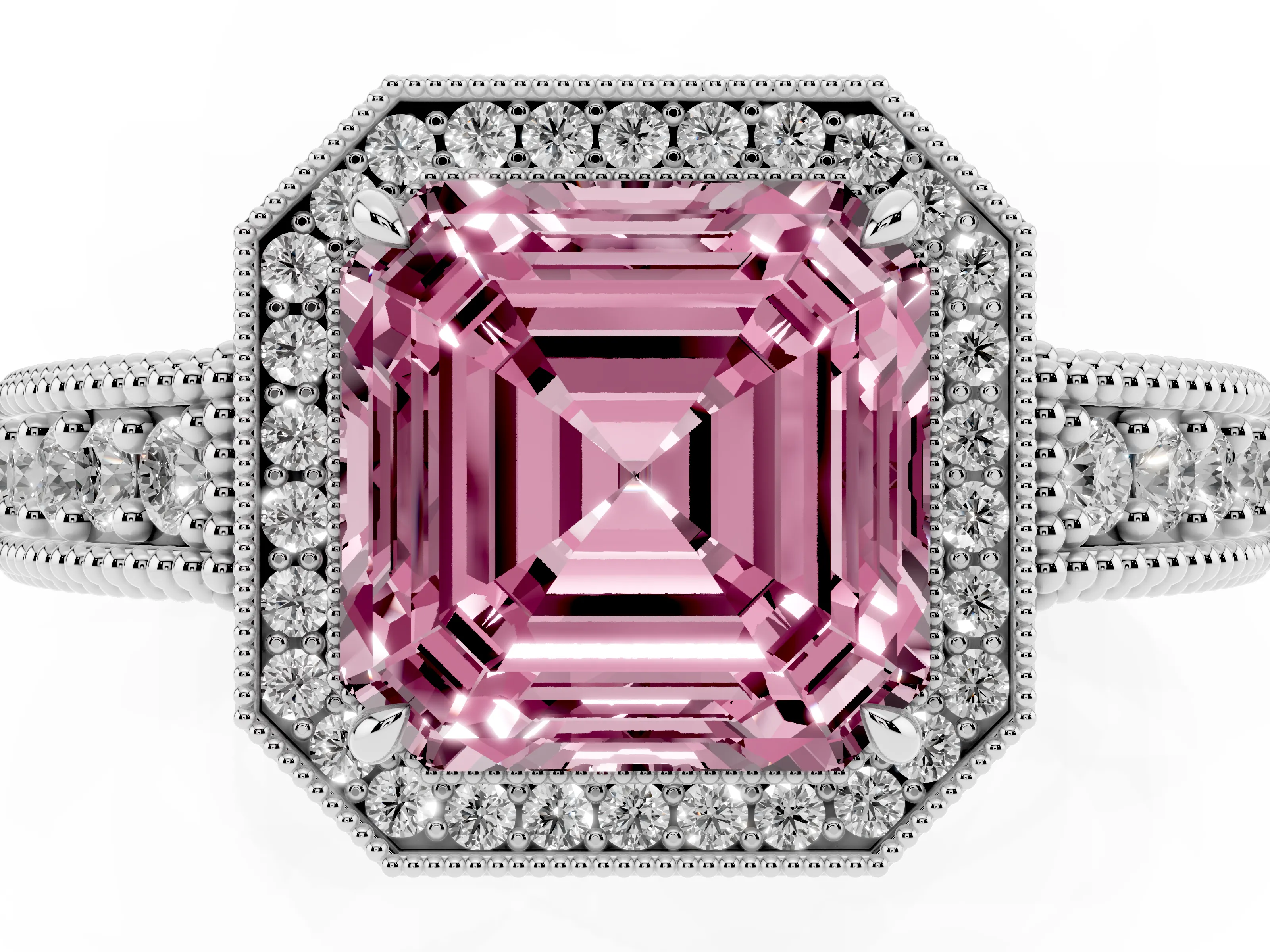 Fancy Pink Asscher Cut Diamond Halo Ring Set in Silver with Round Accent Halo, Pavé Band and Prong Setting