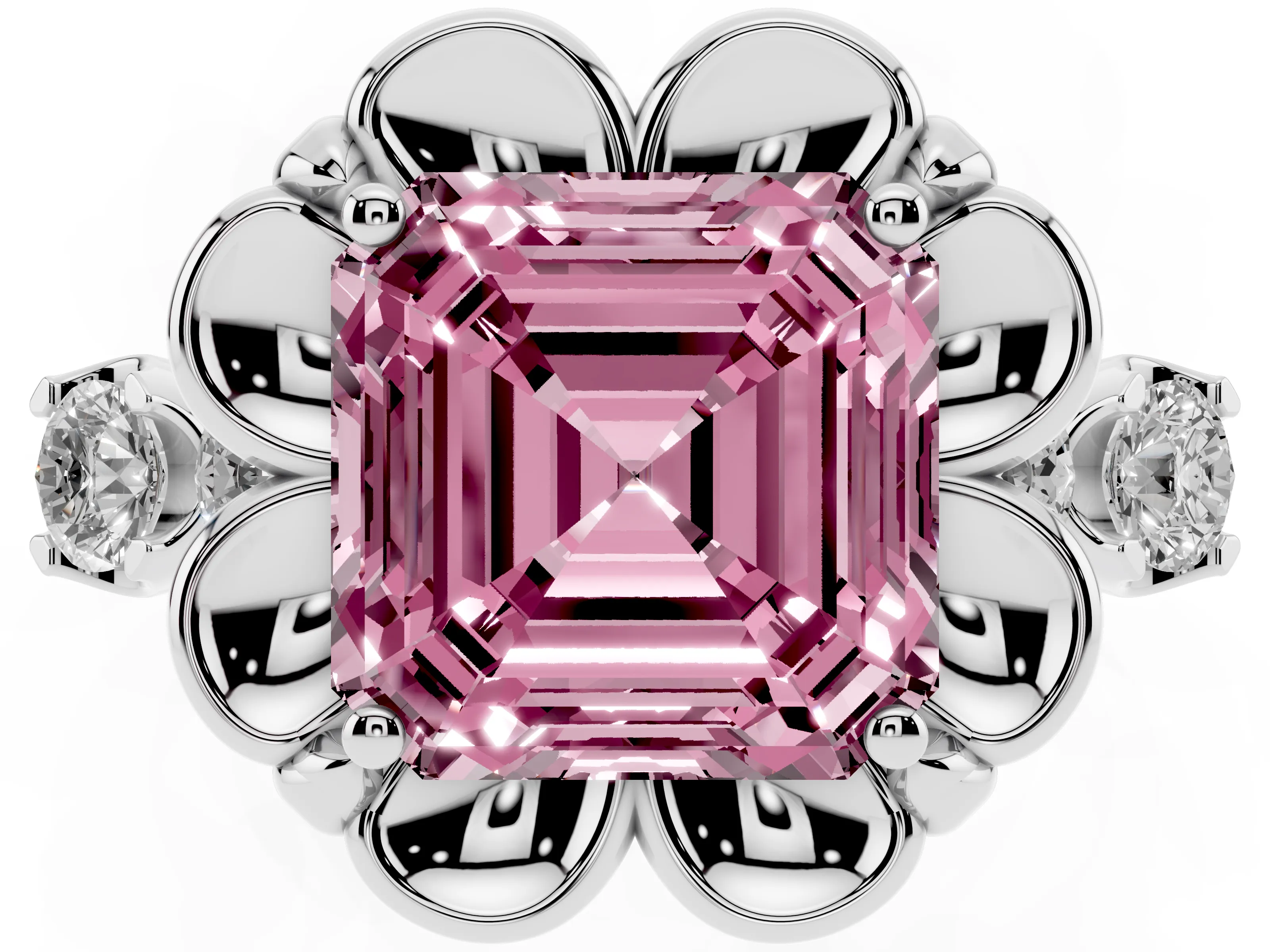 Fancy Pink Asscher Cut Diamond Floral Halo Ring Set in Platinum with Shared Prong Band