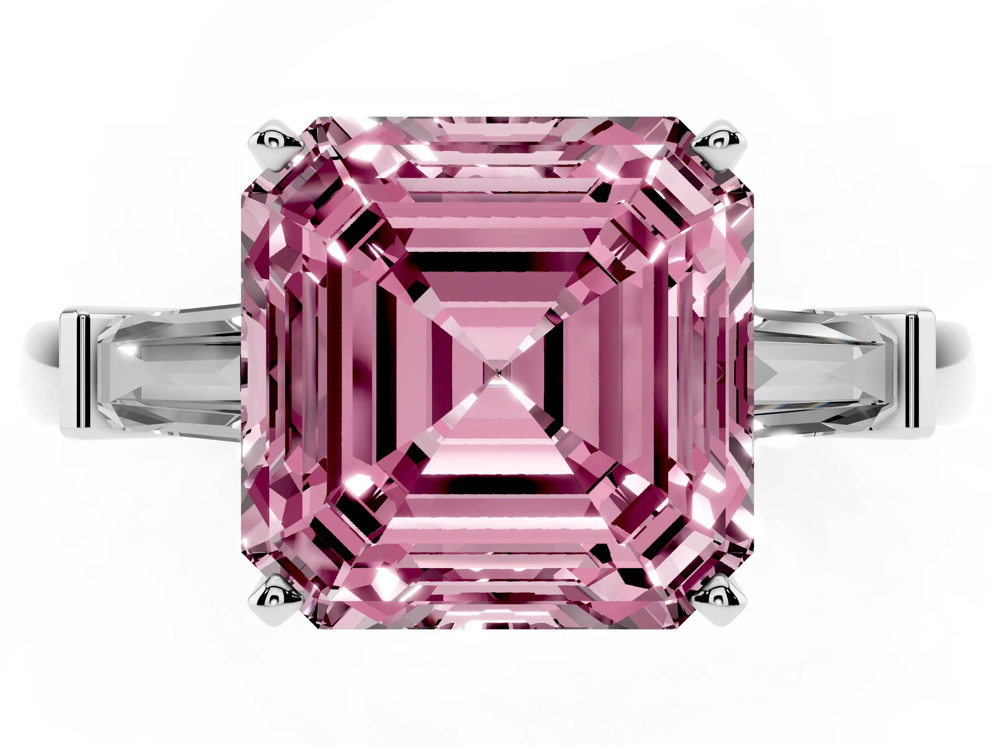 Fancy Pink Asscher Cut Diamond Solitaire Ring Set in White gold with Tapered Baguette Accents and Prong Setting
