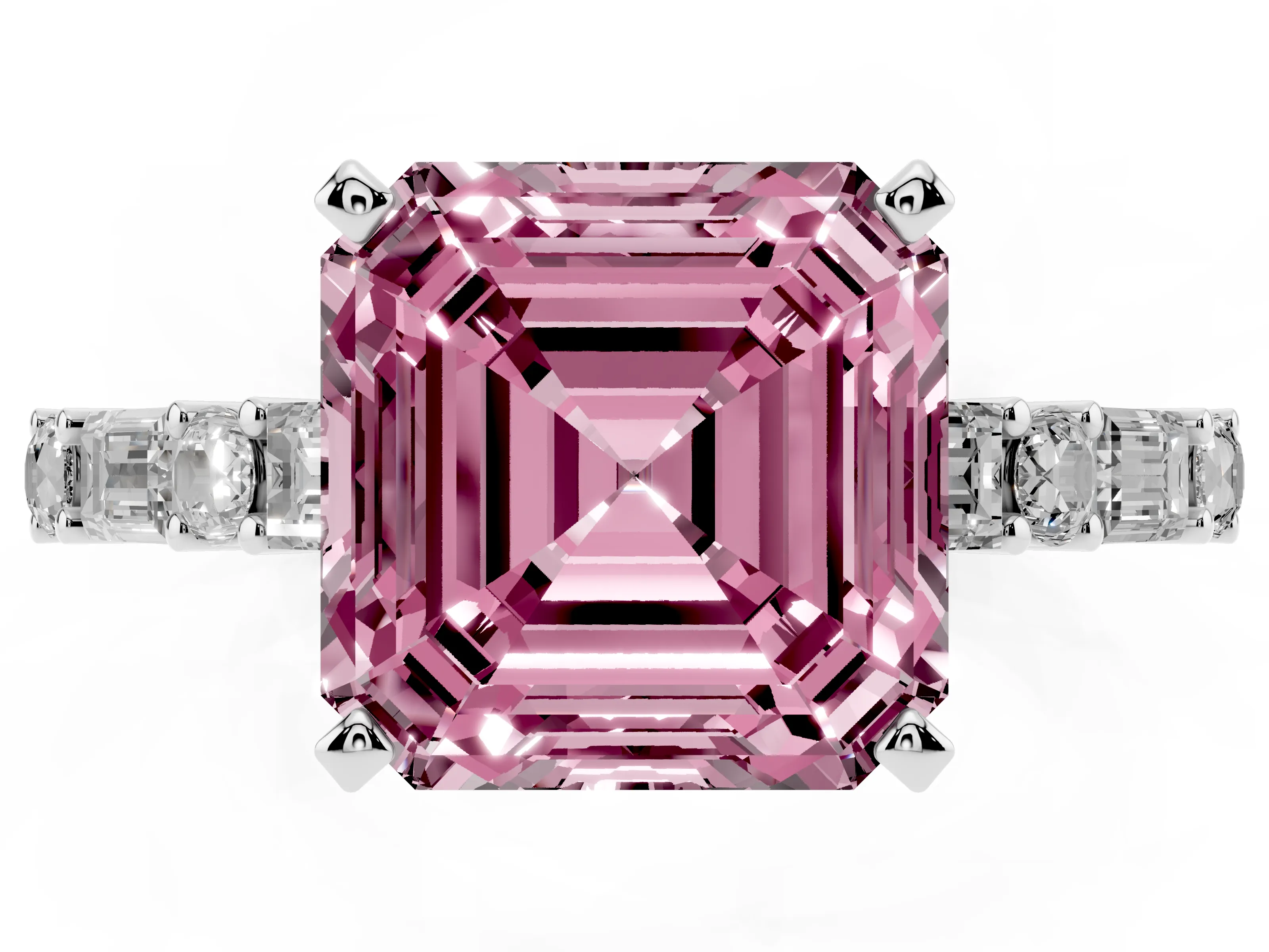 Fancy Pink Asscher Cut Diamond Solitaire Set in Silver with Side Baguettes and Channel Set Band