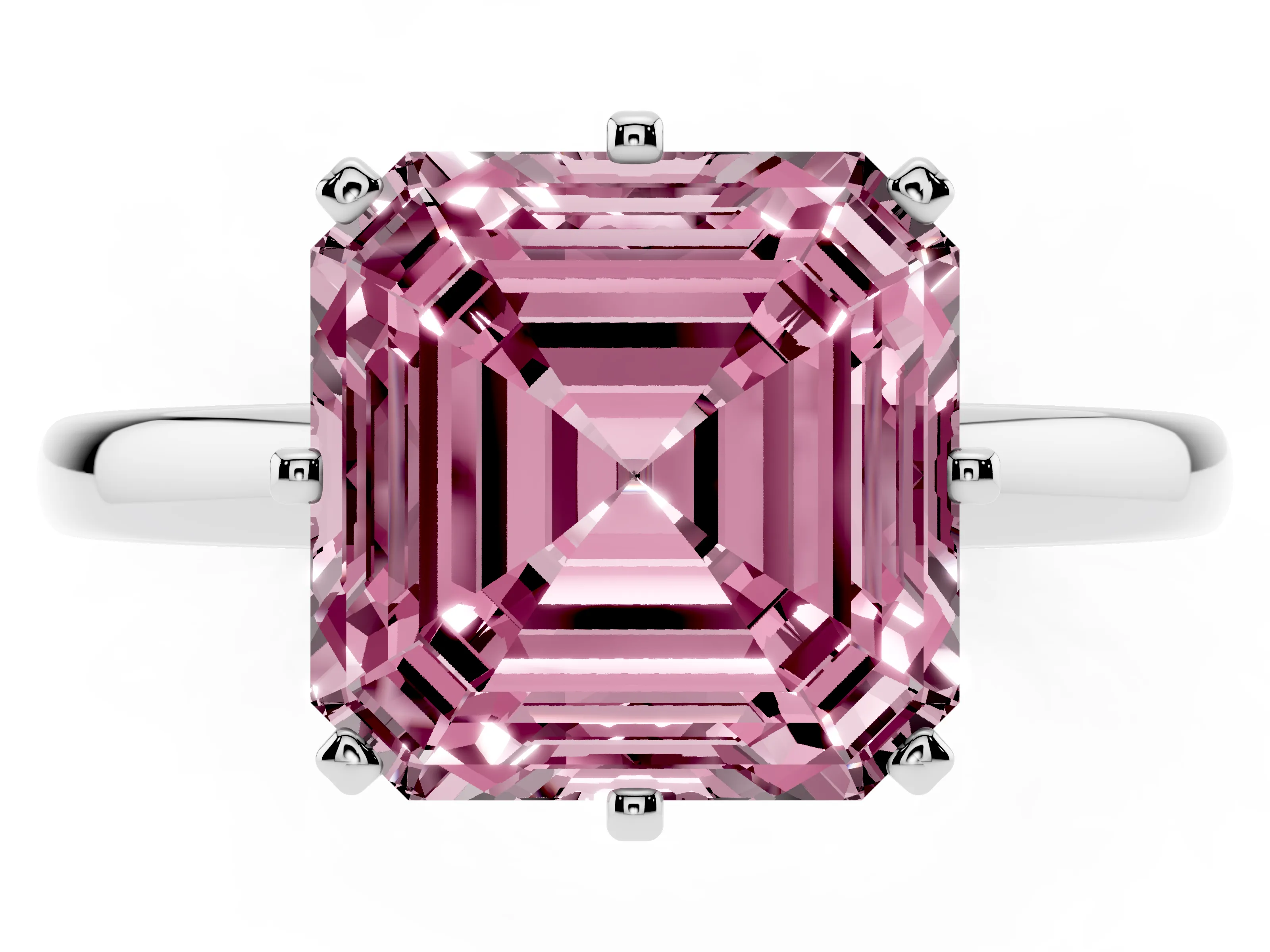 Fancy Pink Asscher Cut Diamond Solitaire Ring Set in White gold with Raised Prong Setting on a Classic Band