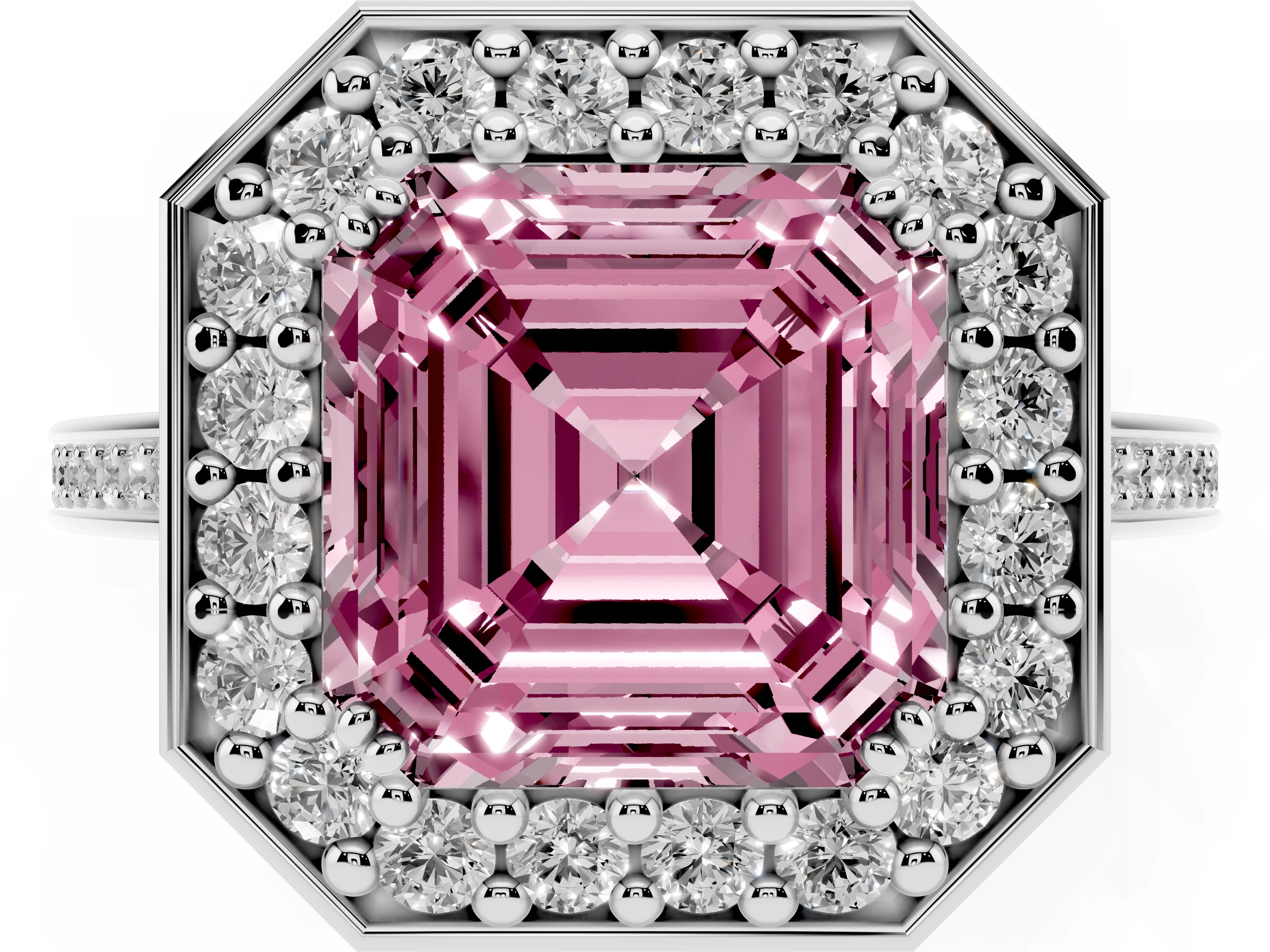 Fancy Pink Asscher Cut Diamond Halo Ring Set in Silver with Accent-Lined Split Shank and Prong Setting