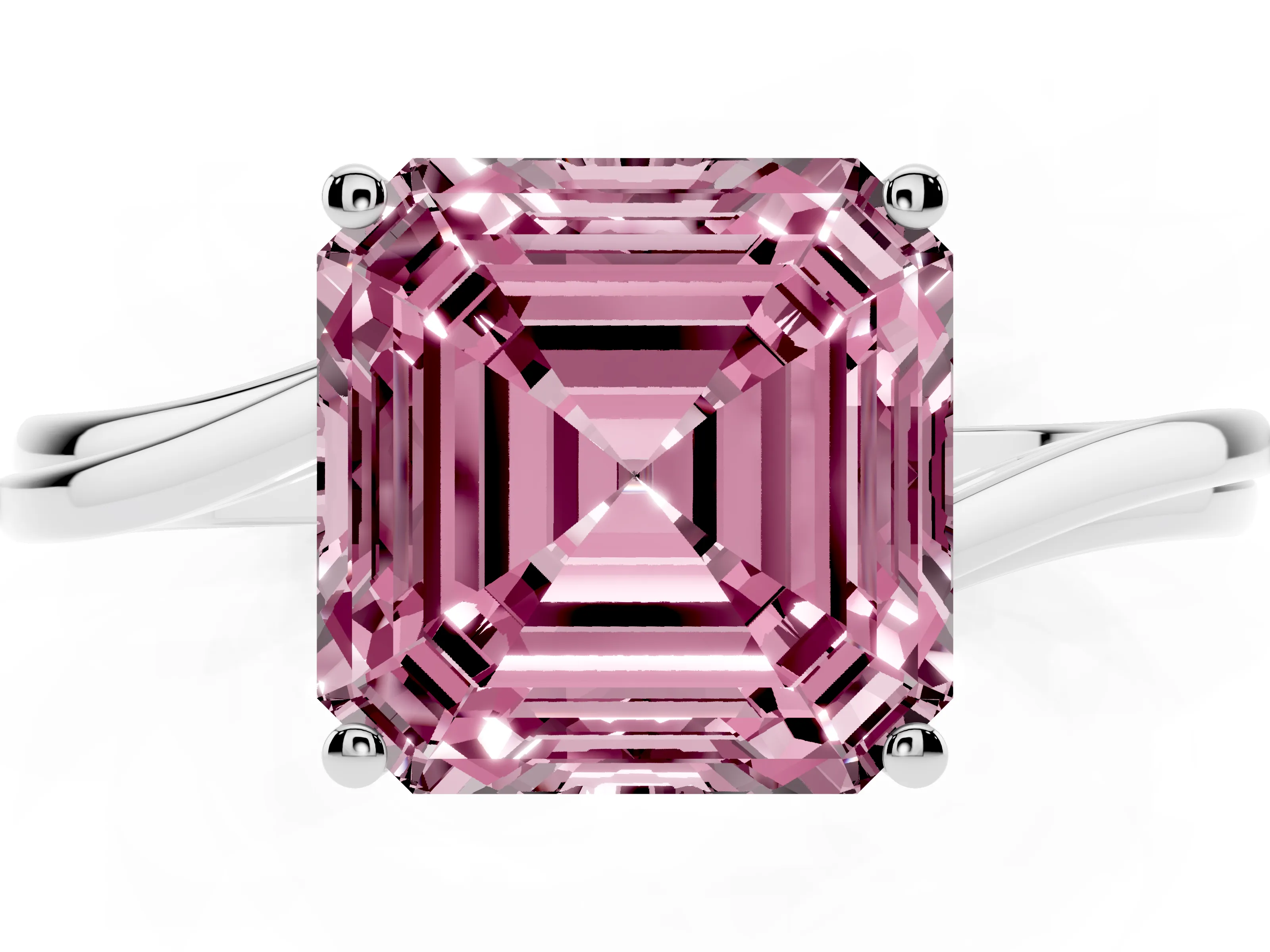 Fancy Pink Asscher Cut Diamond Solitaire Twist Band Ring Set in Platinum with Prong Setting