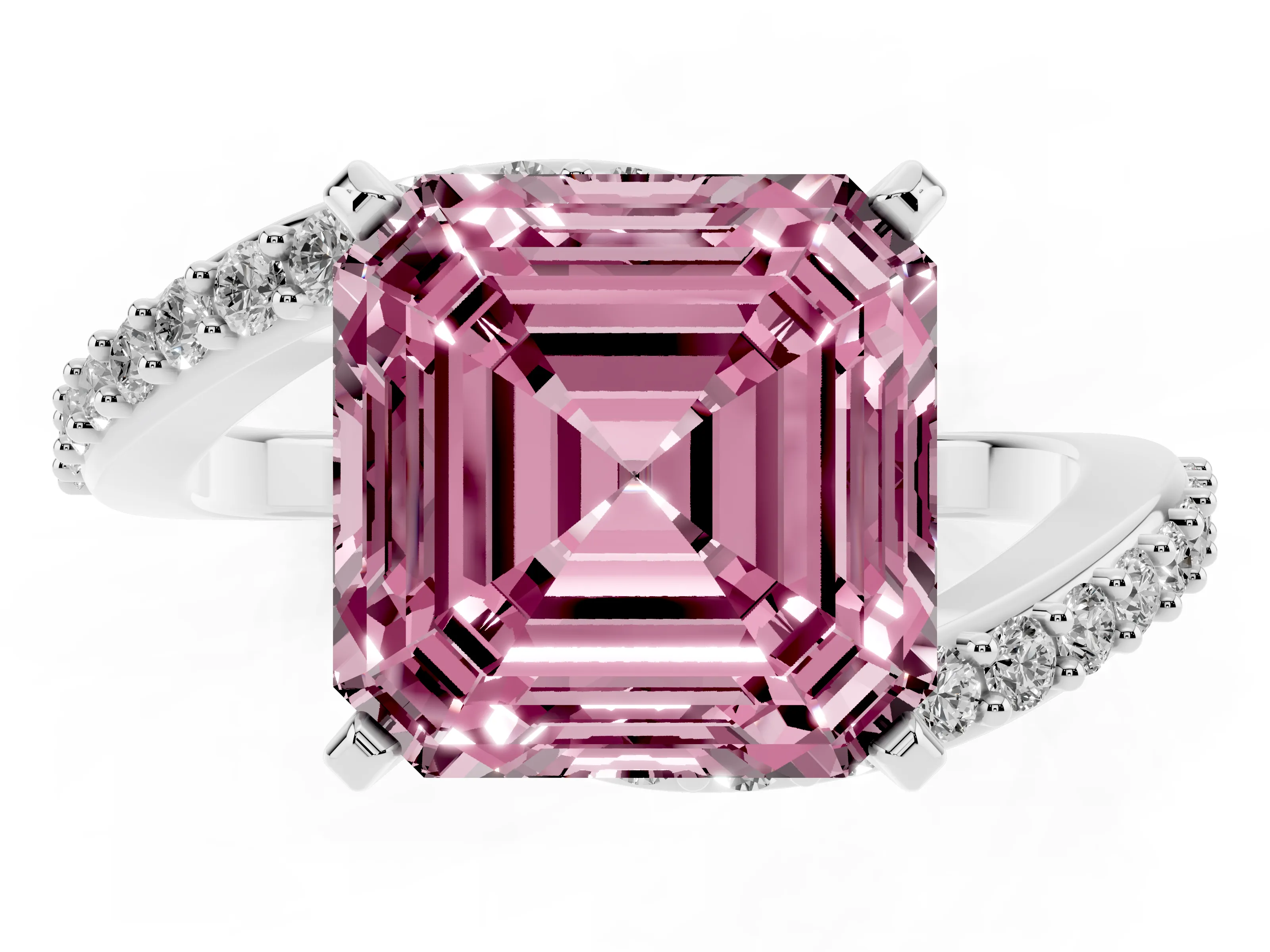 Fancy Pink Asscher Cut Diamond Solitaire Ring Set in Platinum with Pavé Twist Band and Prong Setting