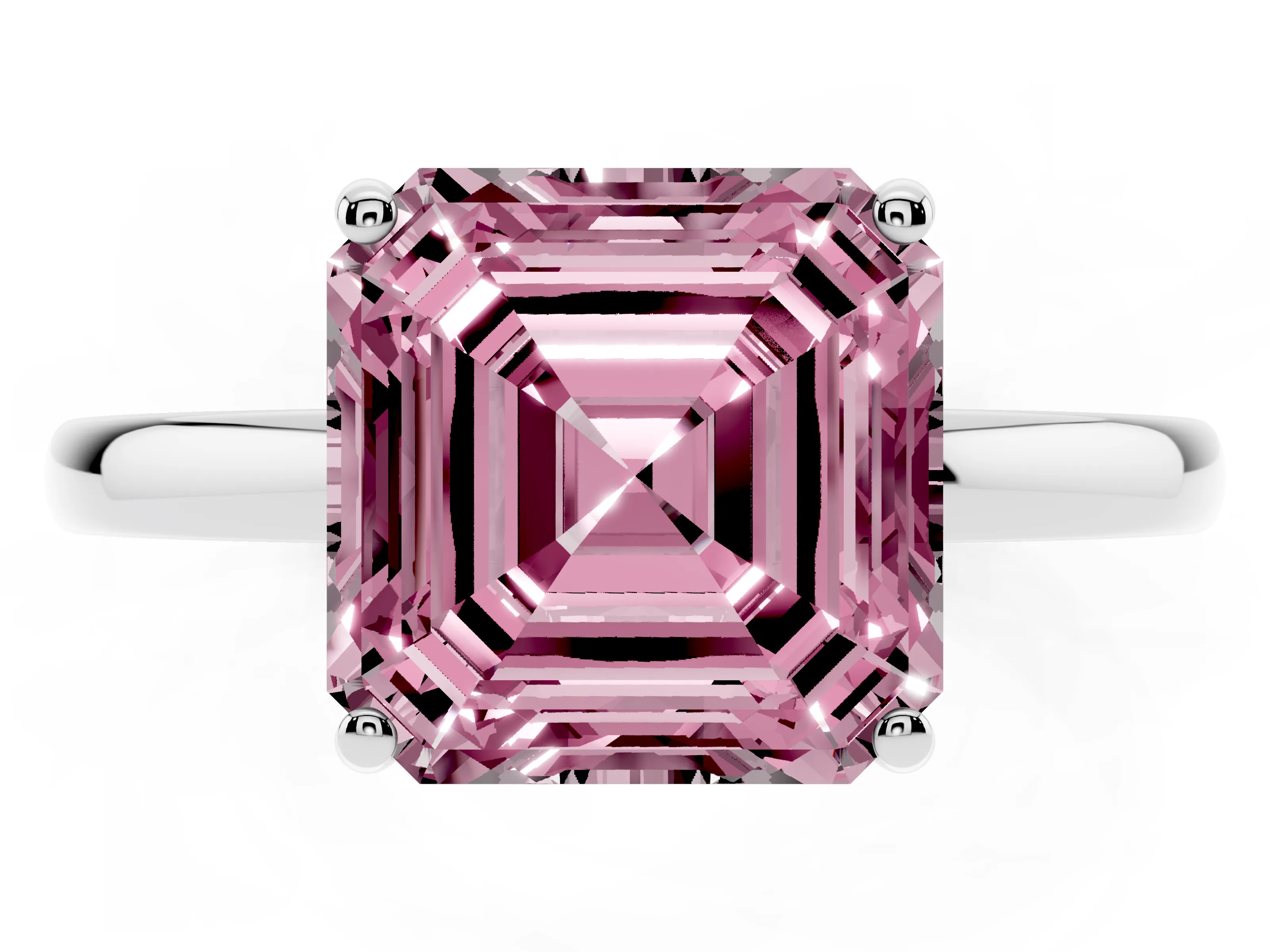 Fancy Pink Asscher Cut Diamond Solitaire Ring Set in Platinum with Plain Band and Prong Setting