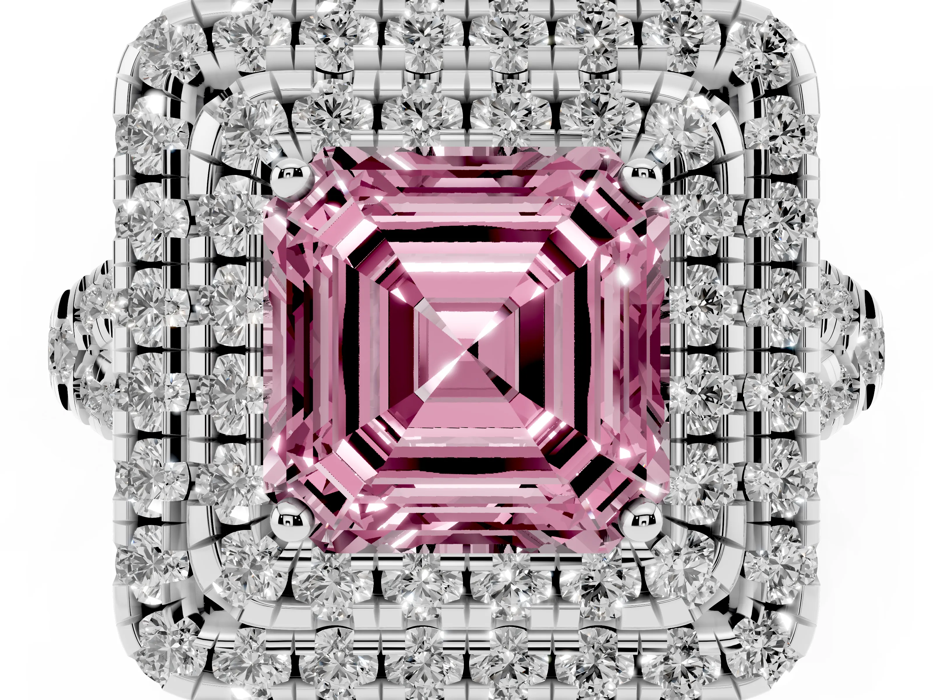 Fancy Pink Asscher Cut Diamond Double Halo Ring Set in Silver with Pavé Split Shank and Prong Setting