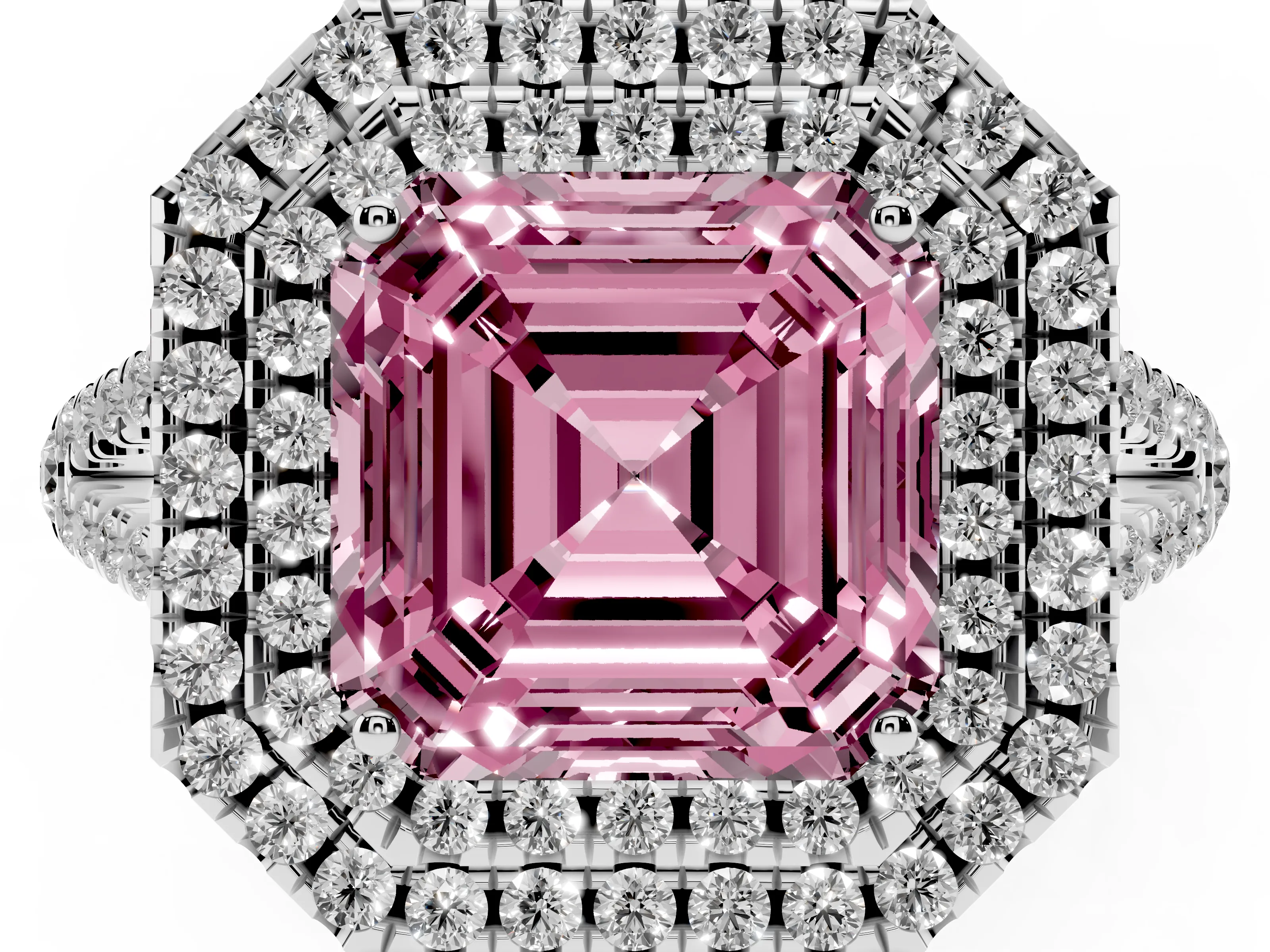 Fancy Pink Asscher Cut Diamond Double Halo Ring Set in Platinum with Pavé Band
