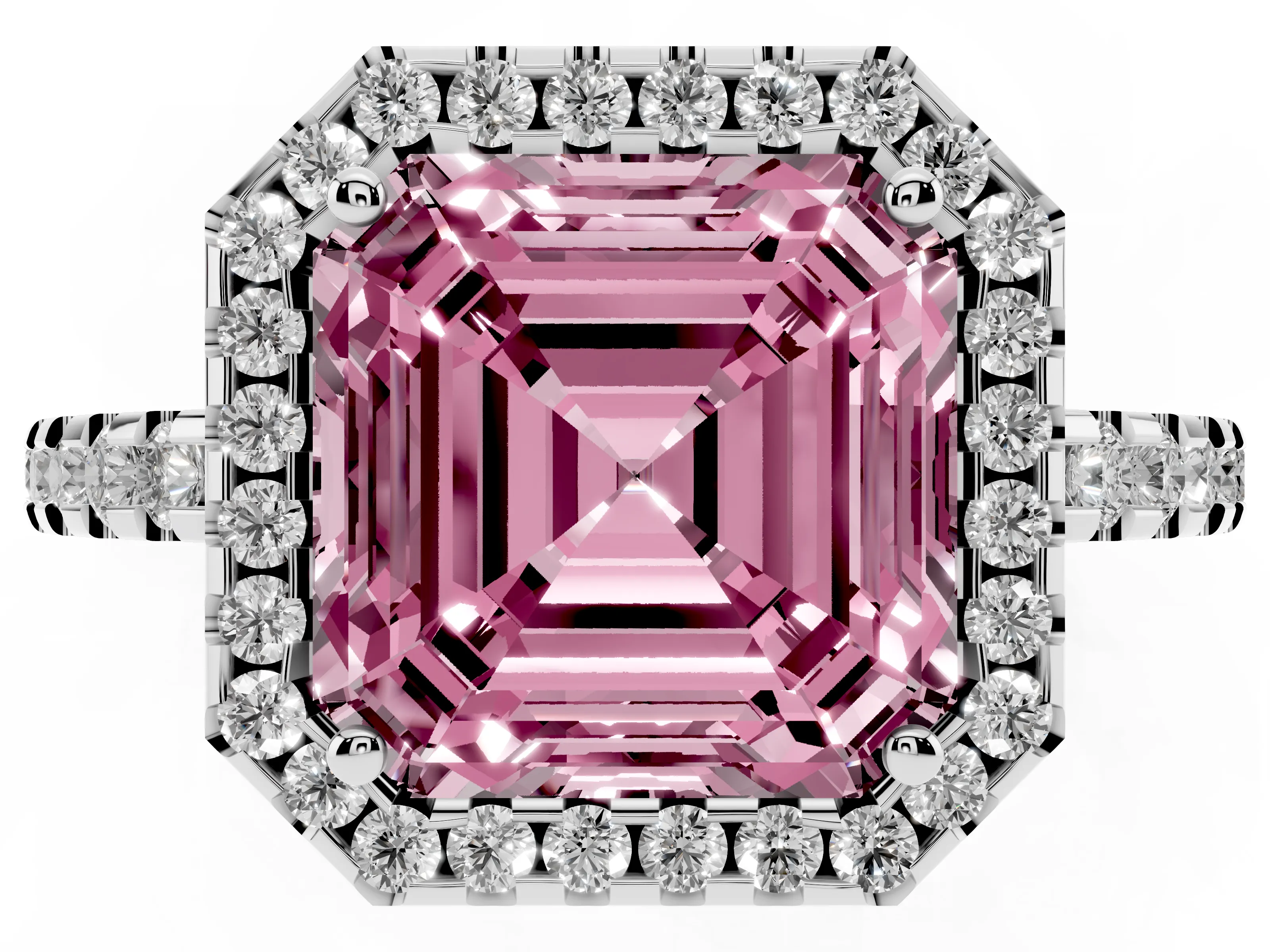 Fancy Pink Asscher Cut Diamond Halo Ring Set in Platinum with Pavé Shoulders and Halo-Framed Center