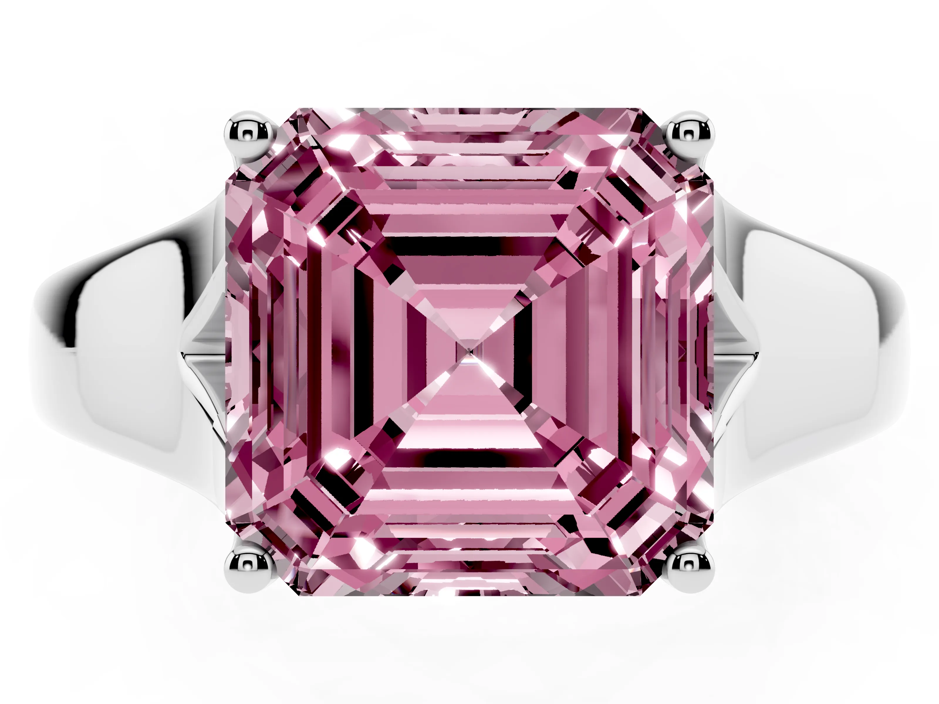 Fancy Pink Asscher Cut Diamond Solitaire Ring Set in Platinum with Arched Cathedral Band and Prong Setting