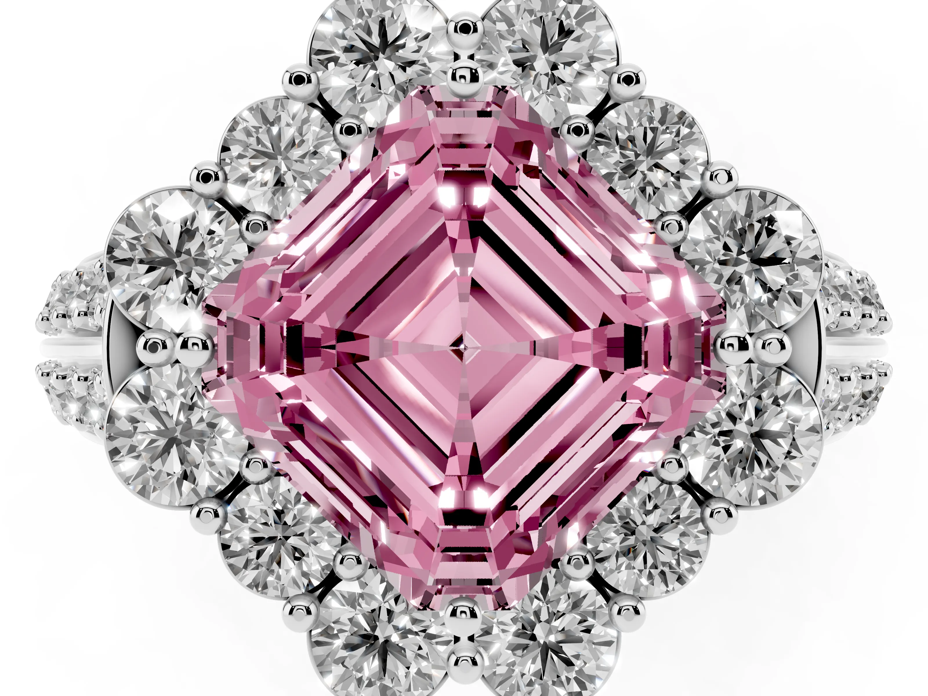 Fancy Pink Asscher Cut Diamond Halo Engagement Ring Set in White gold with Split Shank and Prong Setting