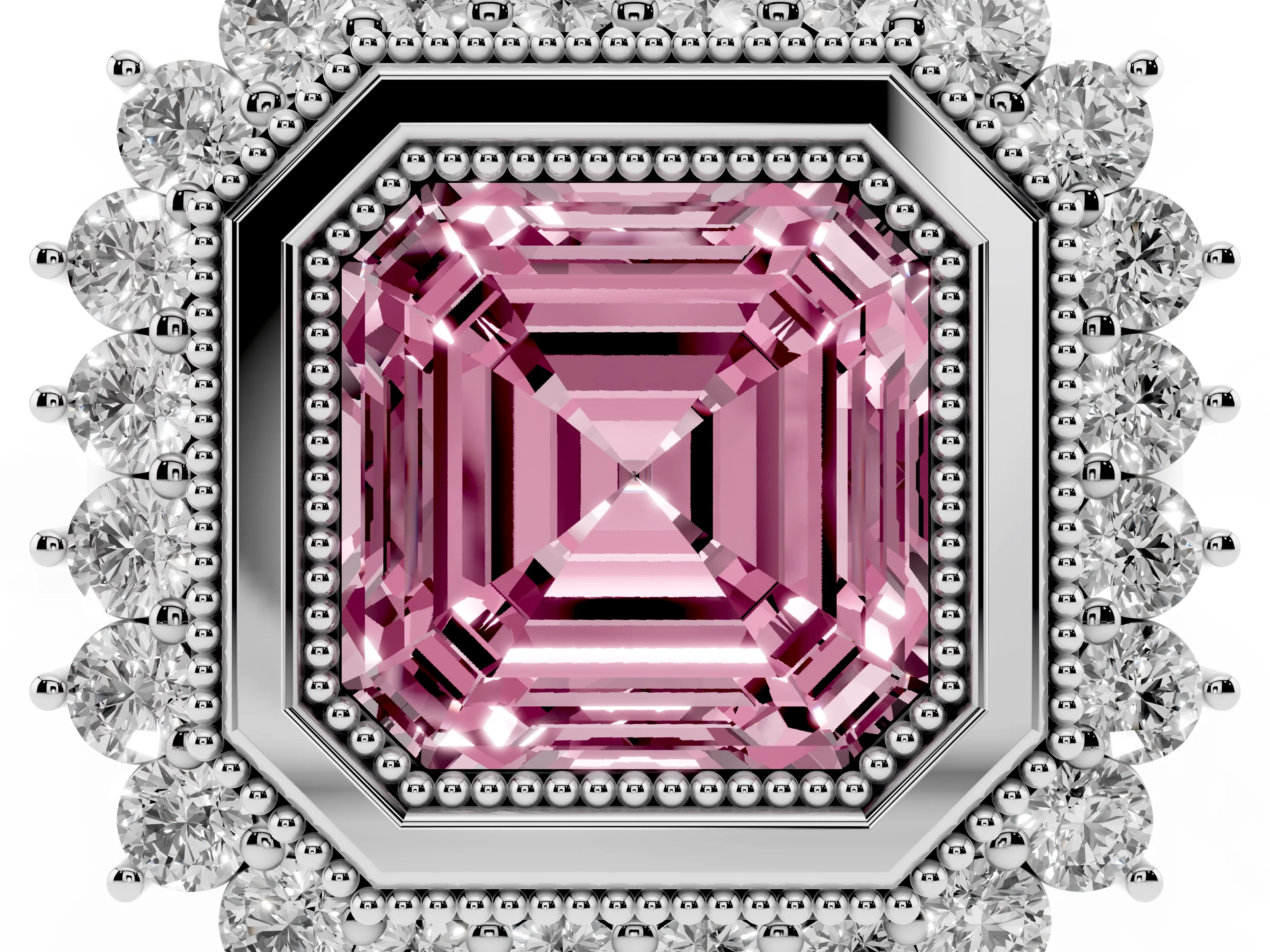 Fancy Pink Asscher Cut Diamond Halo Ring Set in Platinum with Milgrain Edge and Round Prong Setting