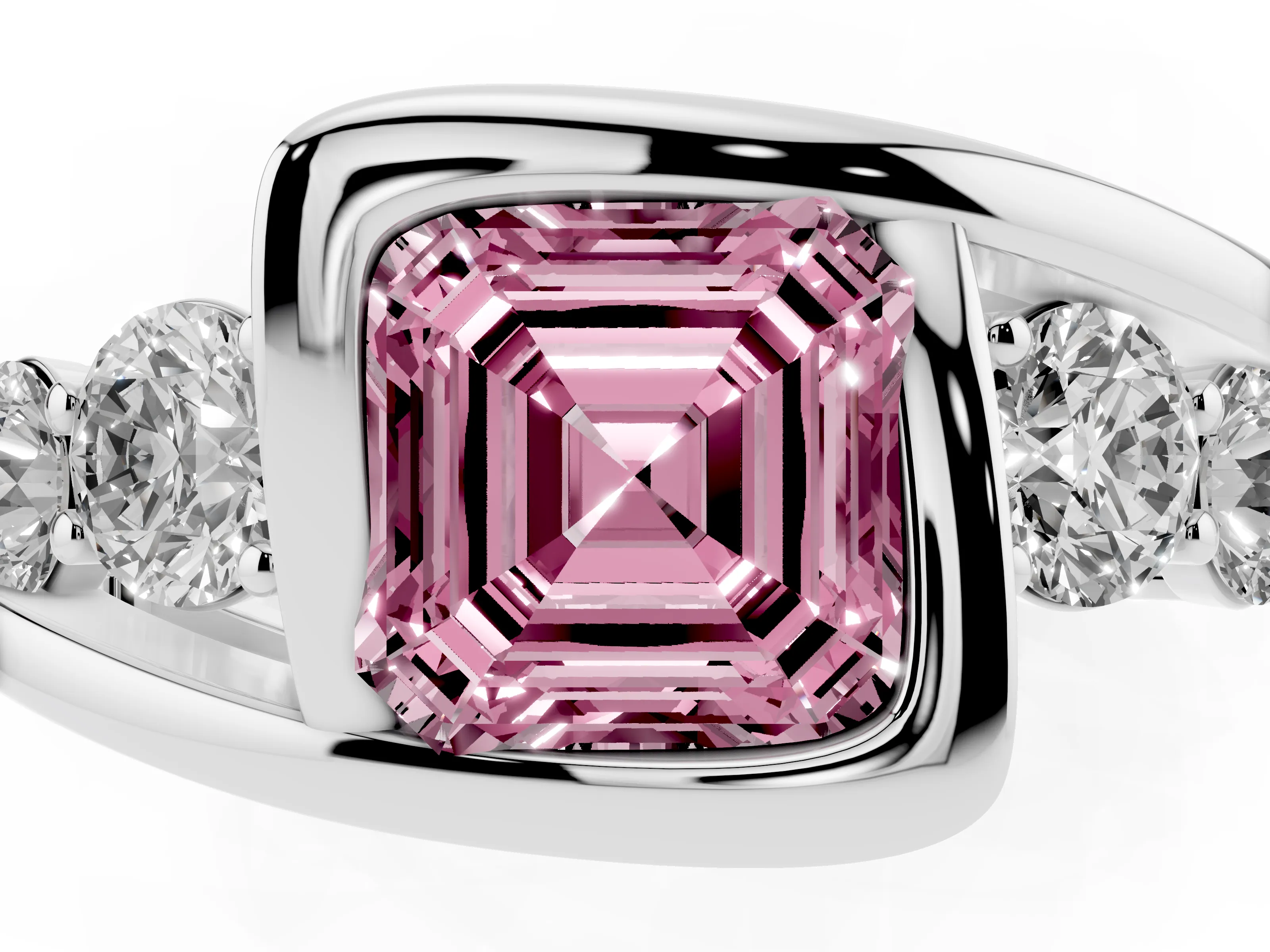 Fancy Pink Asscher Cut Diamond Bezel Bypass Ring Set in Silver with Round Accents