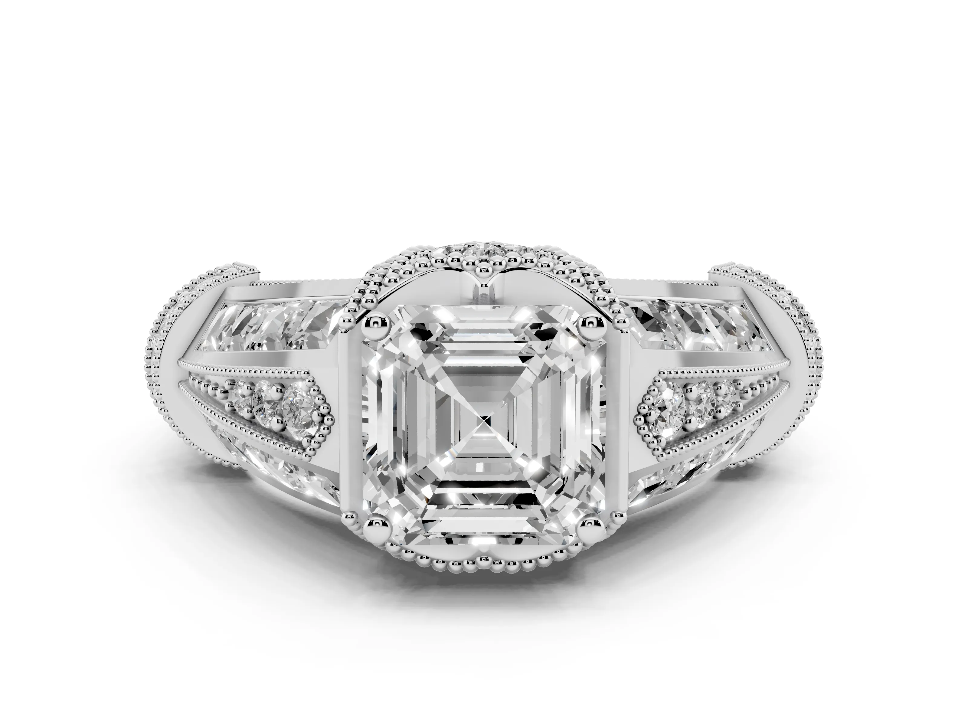 Asscher Cut Diamond Vintage-Inspired Milgrain Ring Set in White gold with Accent Split Shank