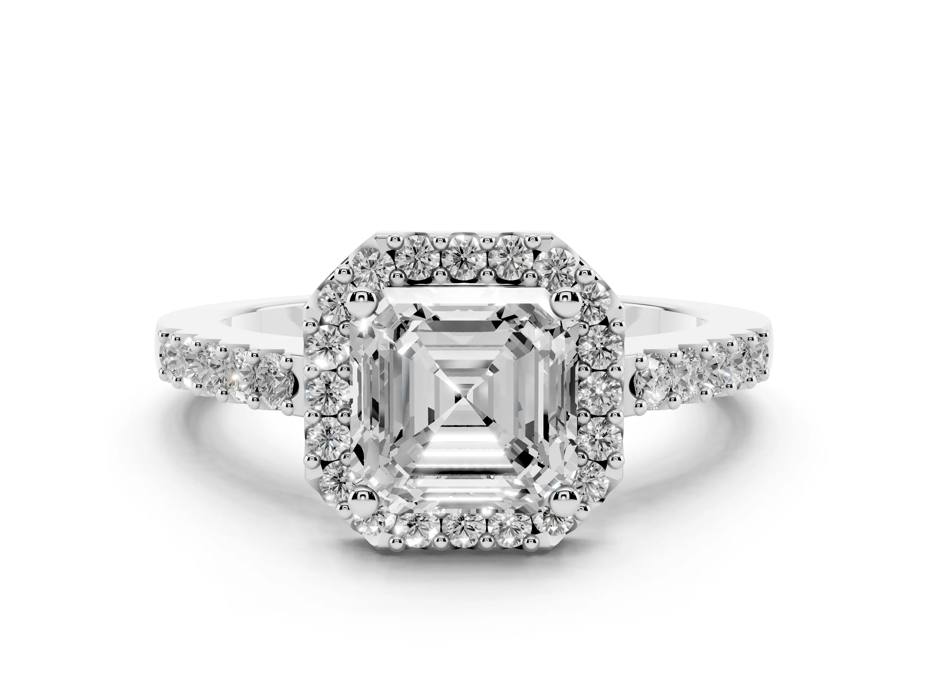 Asscher Cut Diamond Halo Pavé Solitaire Ring Set in Platinum with Prong-Set Center Stone