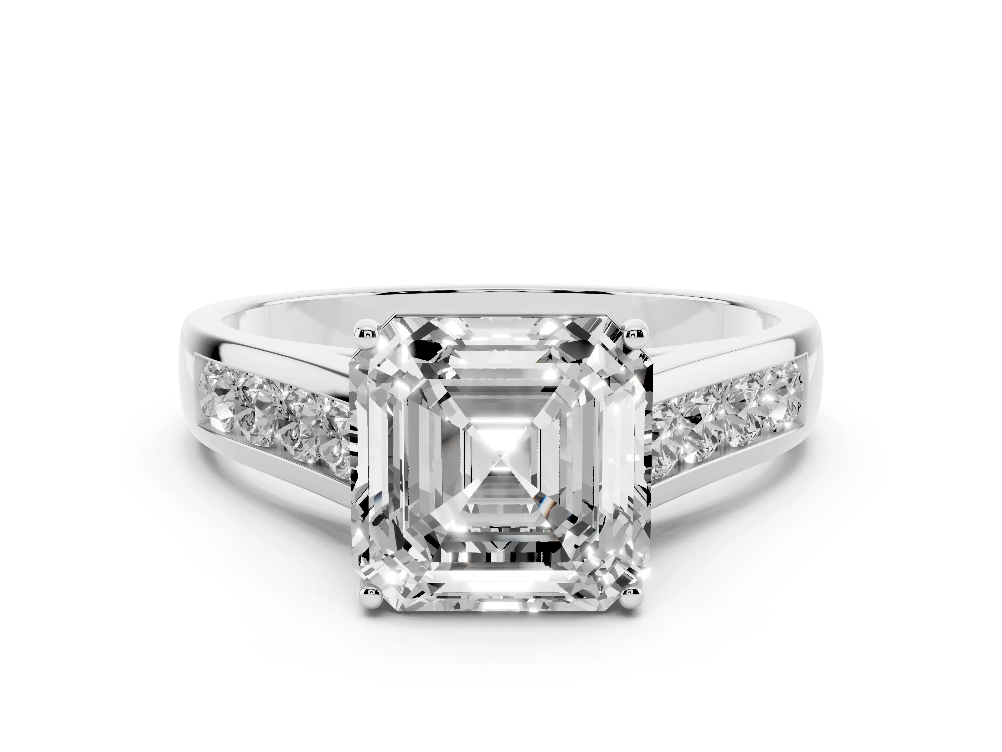 Asscher Cut Diamond Brilliant Channel-Set Solitaire Ring Set in White gold with Prong Setting