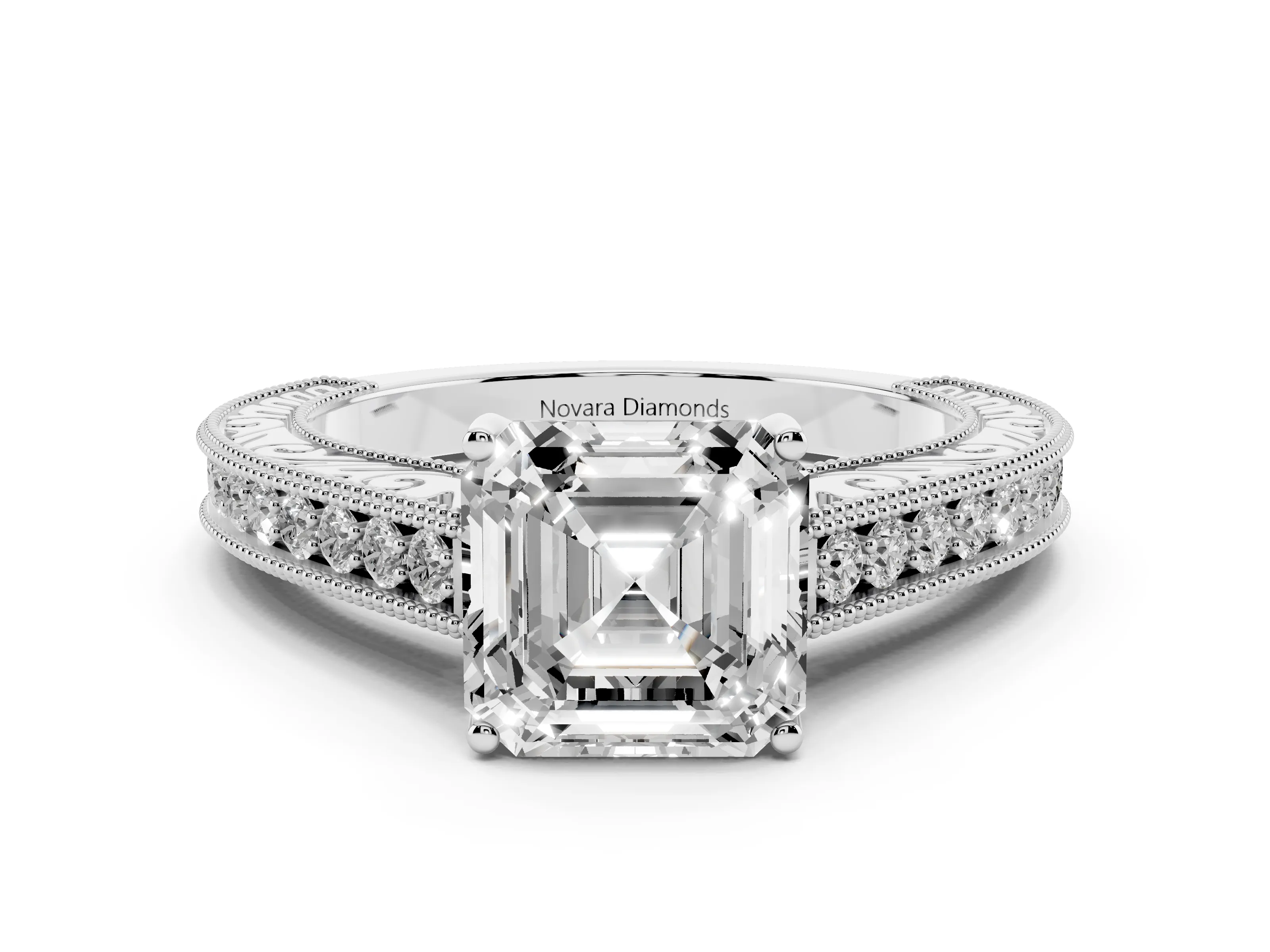 Asscher Cut Diamond Milgrain Pavé Band Solitaire Ring Set in Platinum with Prong Setting