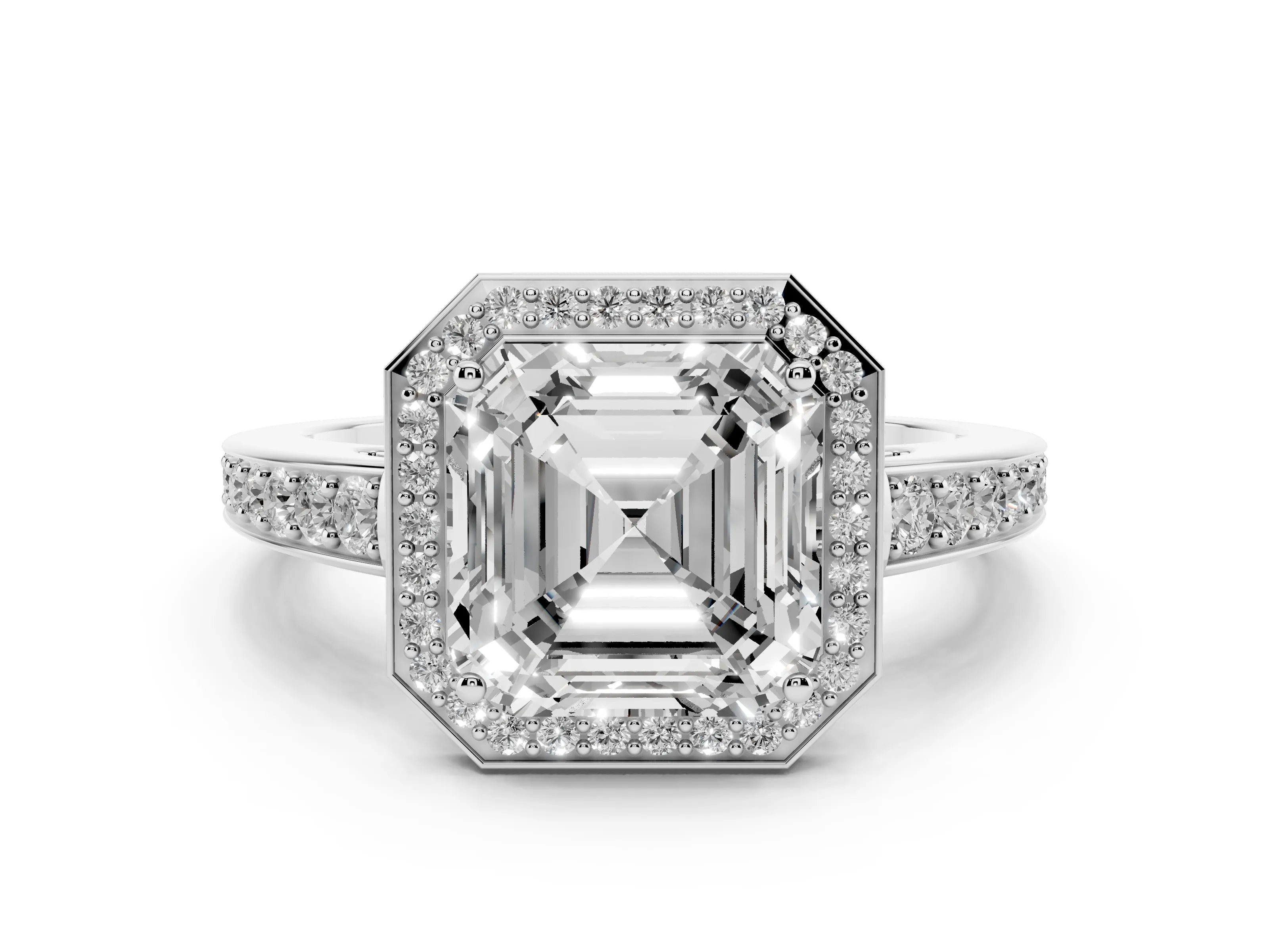 Asscher Cut Diamond Halo Pavé Engagement Ring Set in Platinum with Bezel Setting
