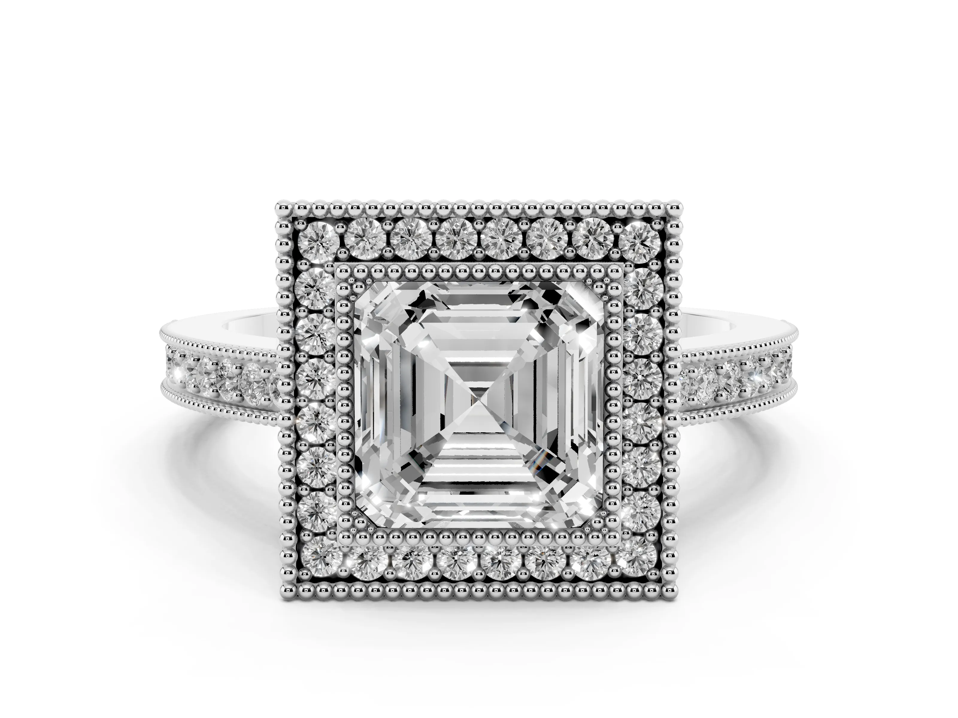 Asscher Cut Diamond Round Halo Ring Set in Silver with Pavé Band