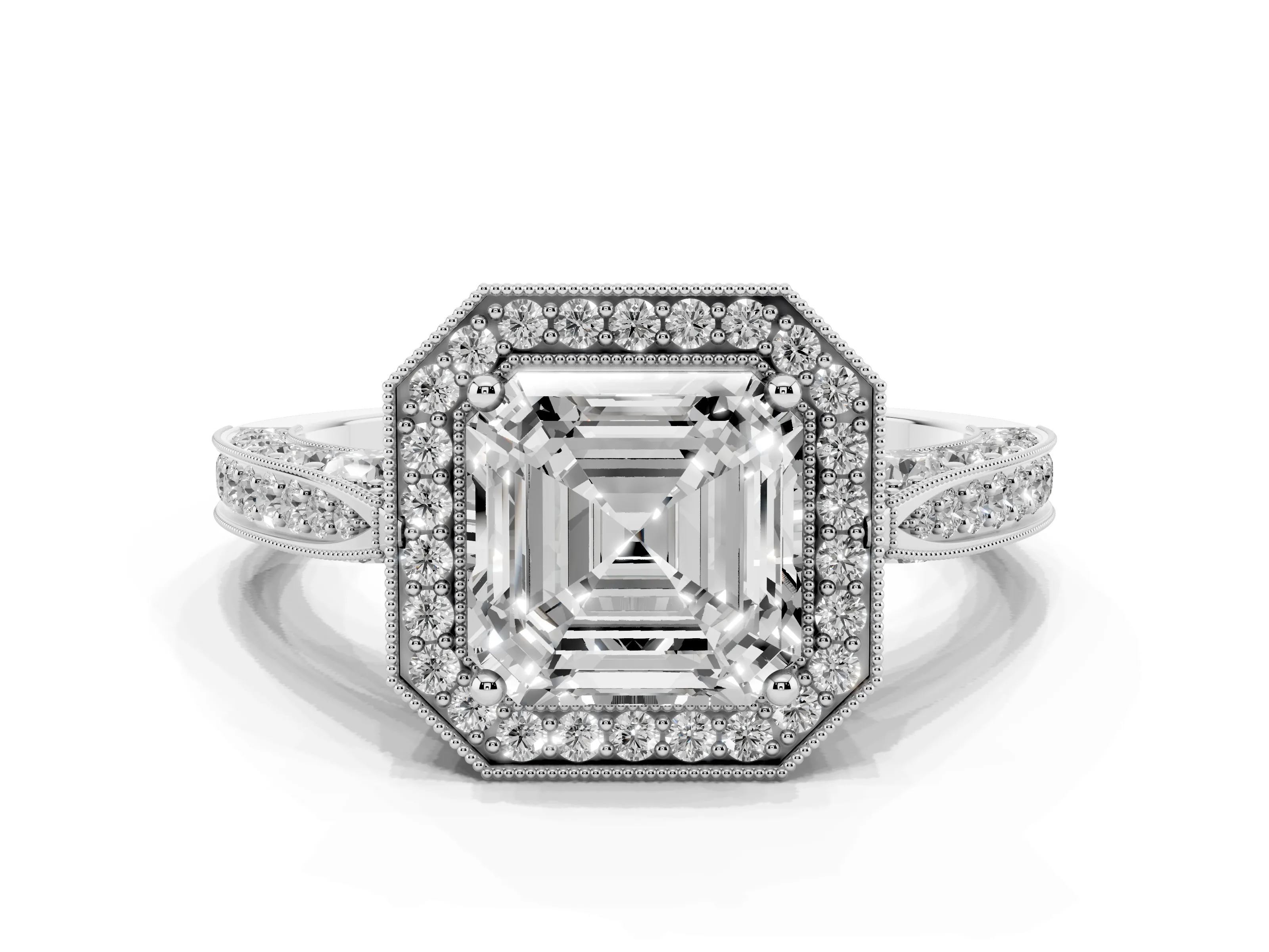 Asscher Cut Diamond Halo Engagement Ring Set in White gold with Accent Split Shank Band