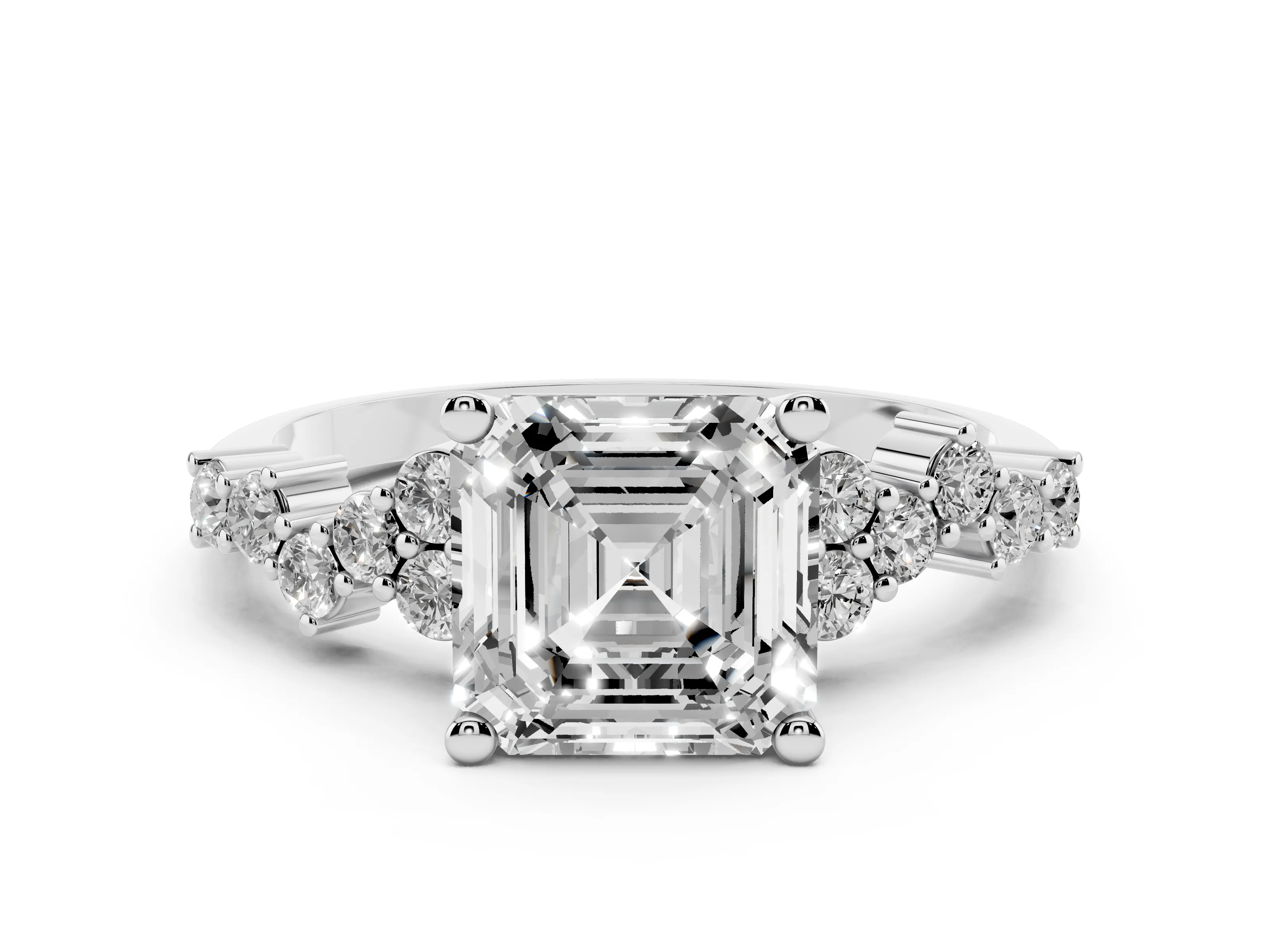 Asscher Cut Diamond Ring Set in Platinum with Scattered Round Accents
