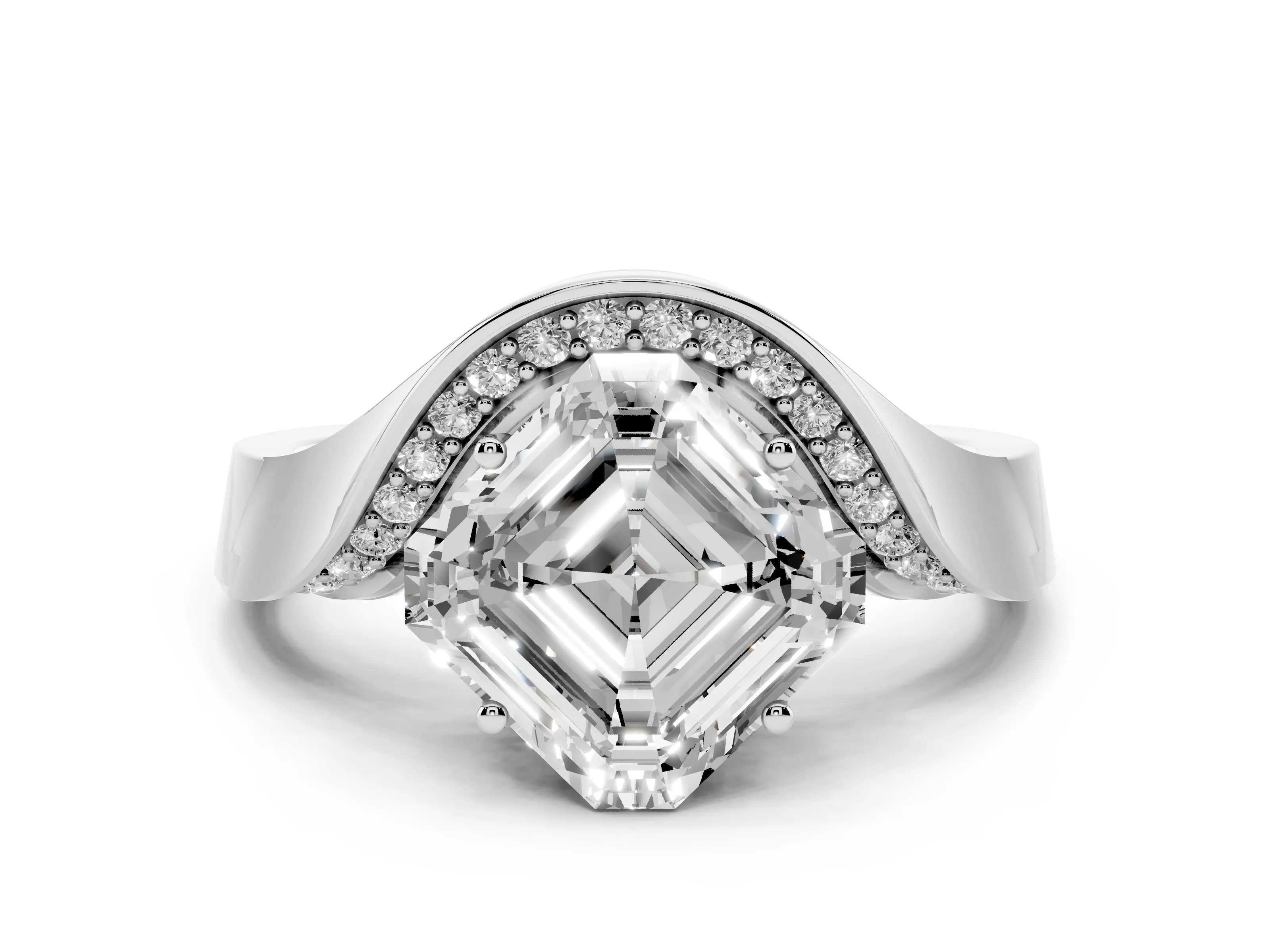 Asscher Cut Diamond Solitaire Engagement Ring Set in White gold with Pavé Shoulders