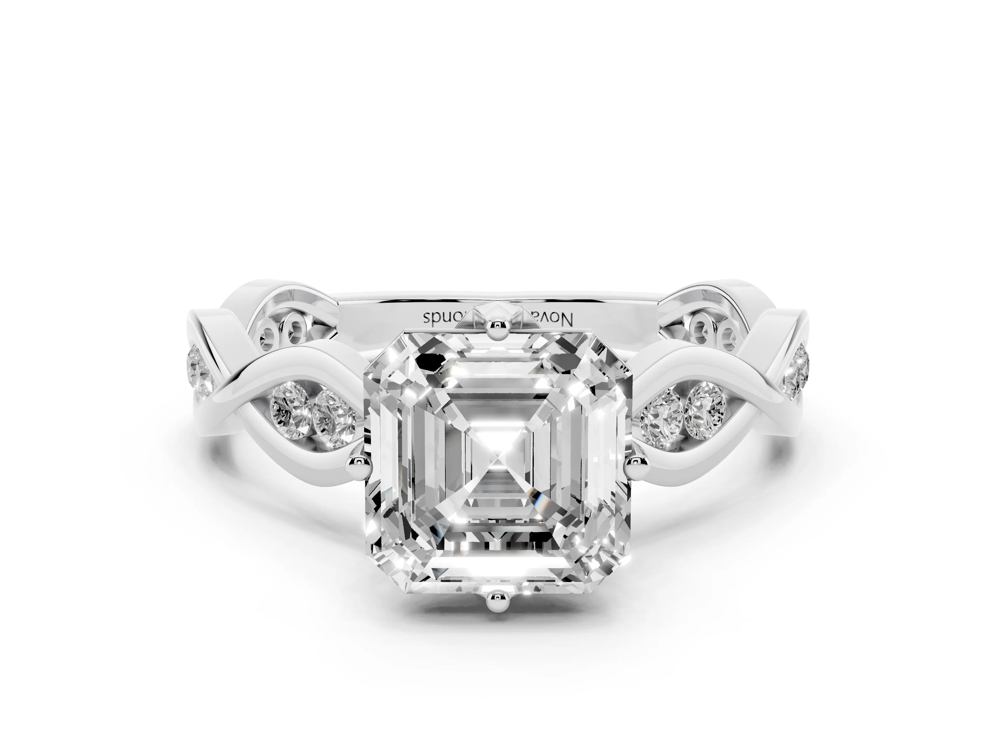 Asscher Cut Diamond Twist Band Solitaire Ring Set in White gold with Leaf Prong Setting and Accent Stones