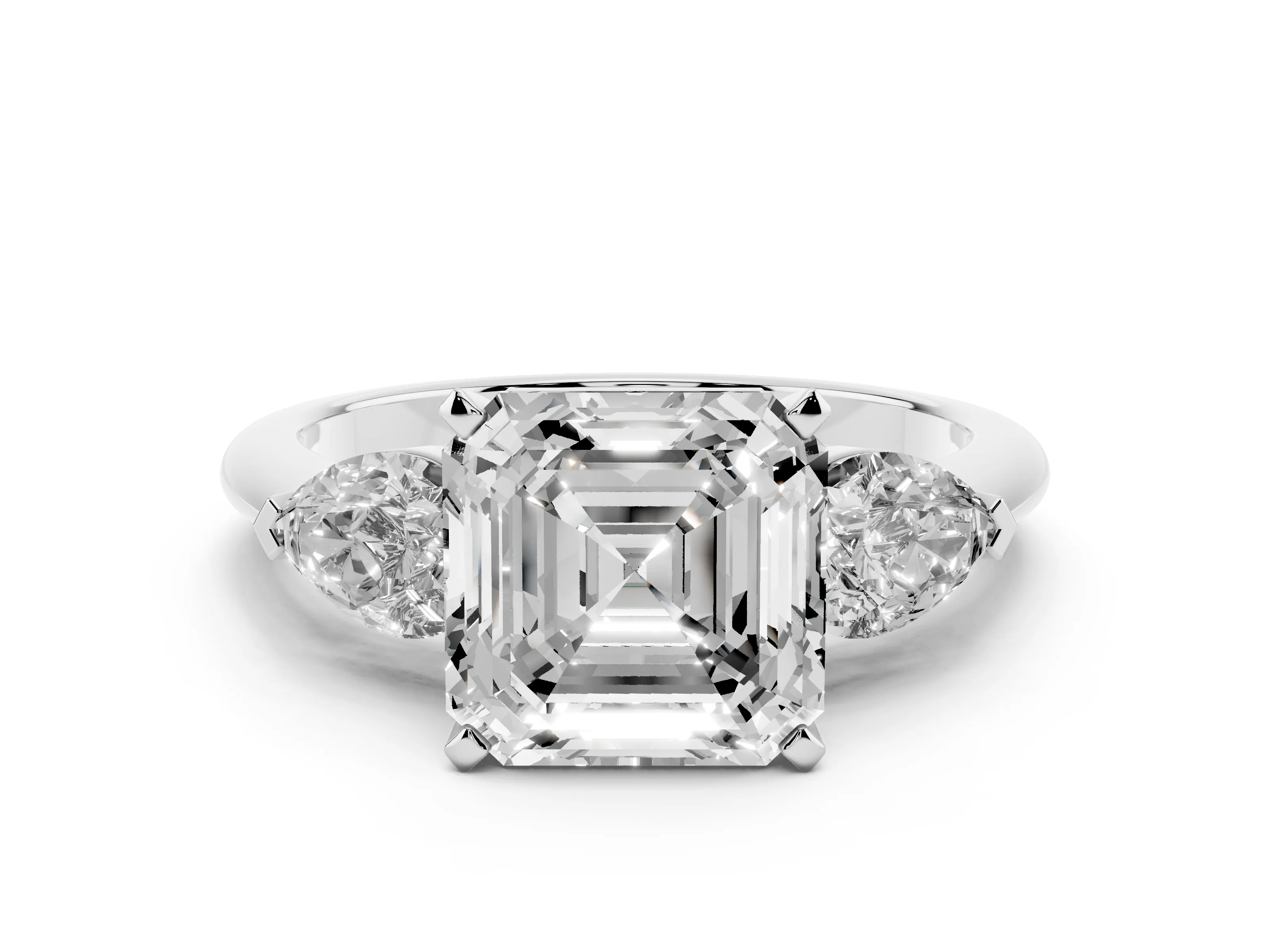 Three-Stone Asscher Cut Diamond Ring Set in Silver with Pear Side Stones and Prong Setting