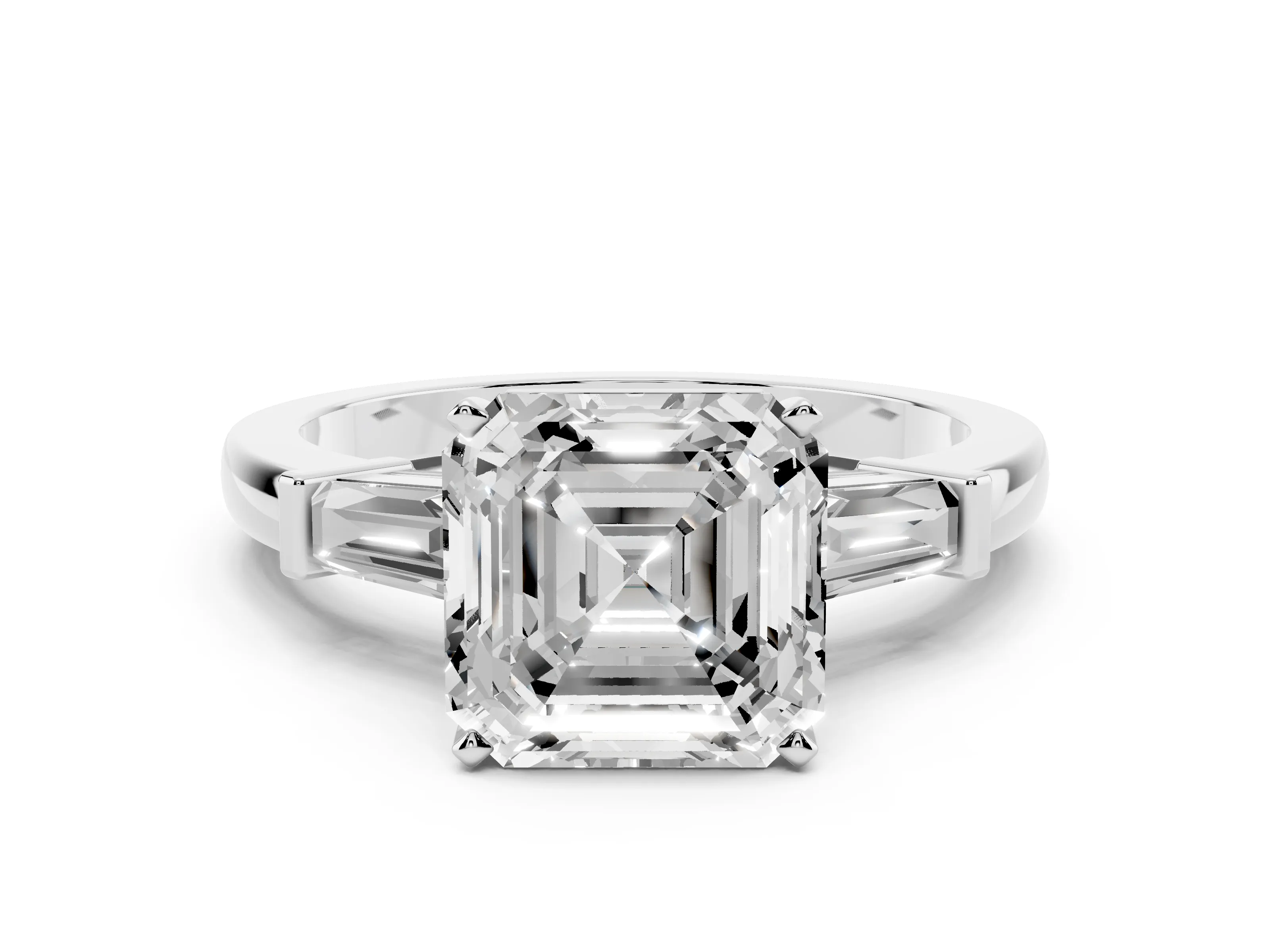 Asscher Cut Diamond Solitaire Ring Set in Platinum with Tapered Baguette Accents and Prong Setting