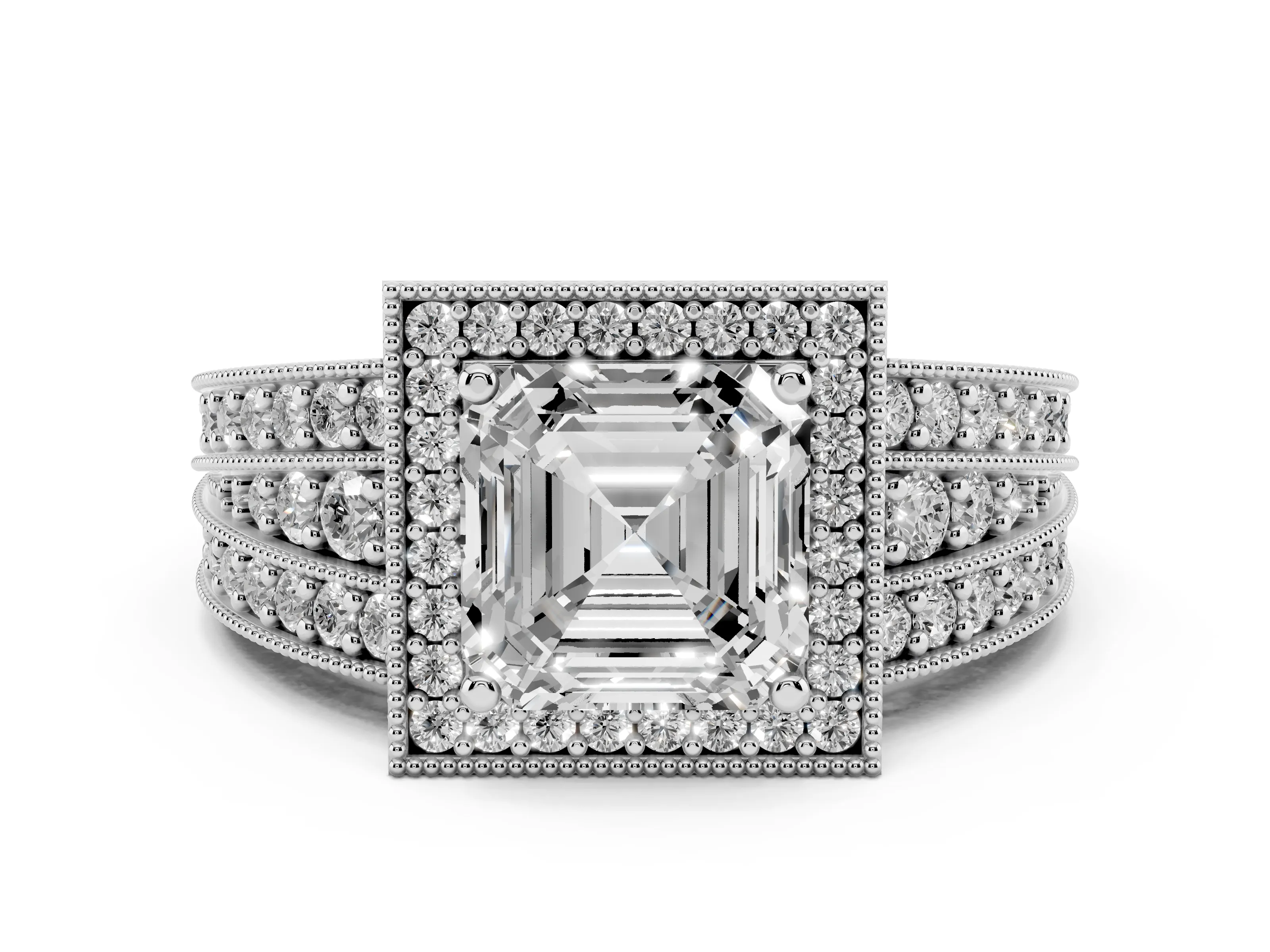 Asscher Cut Diamond Halo Ring Set in White gold with Accent Split Shank and Prong Setting