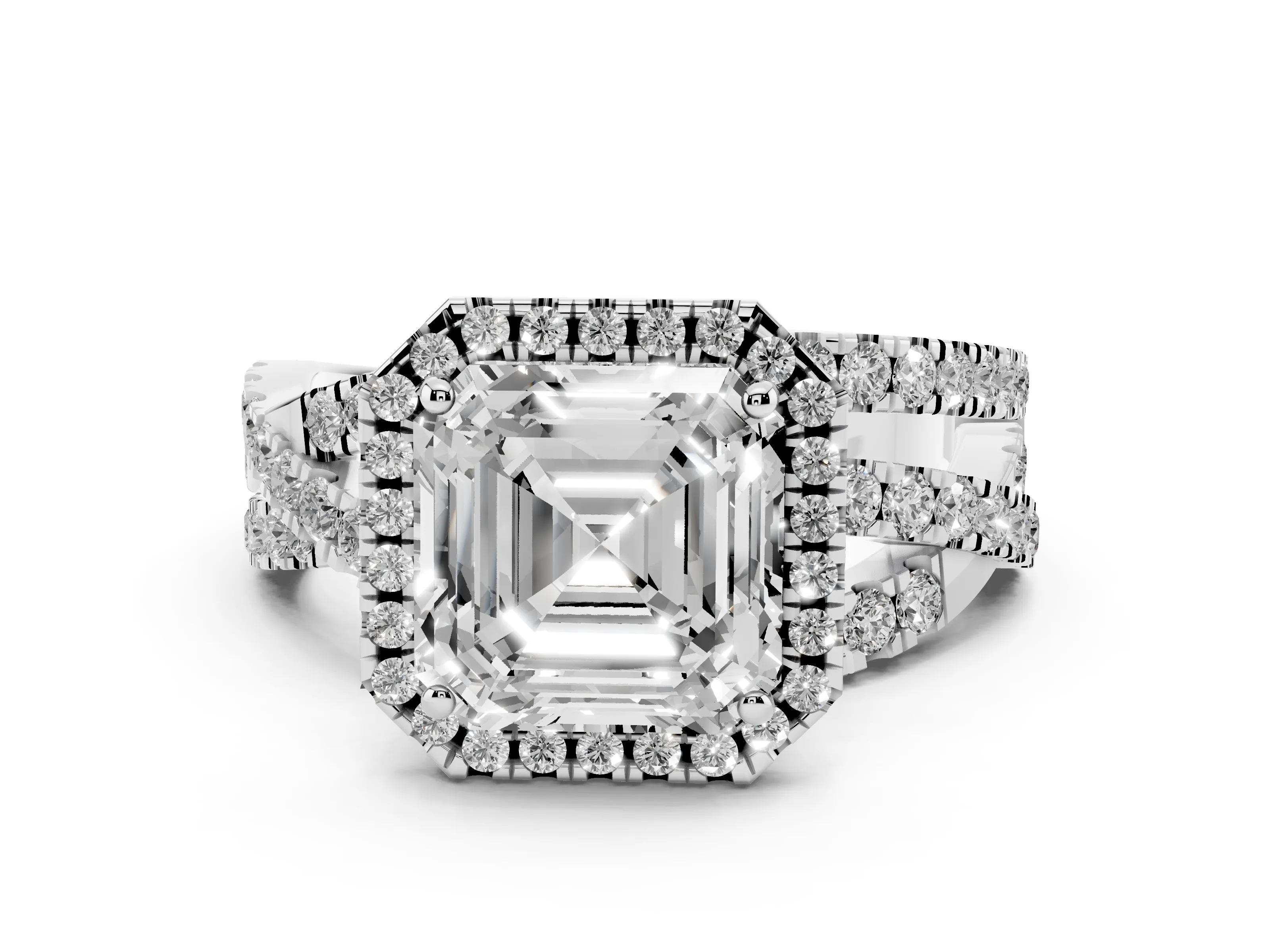 Asscher Cut Diamond Halo Ring Set in Platinum with Round Crossover Split Shank and Prong Setting