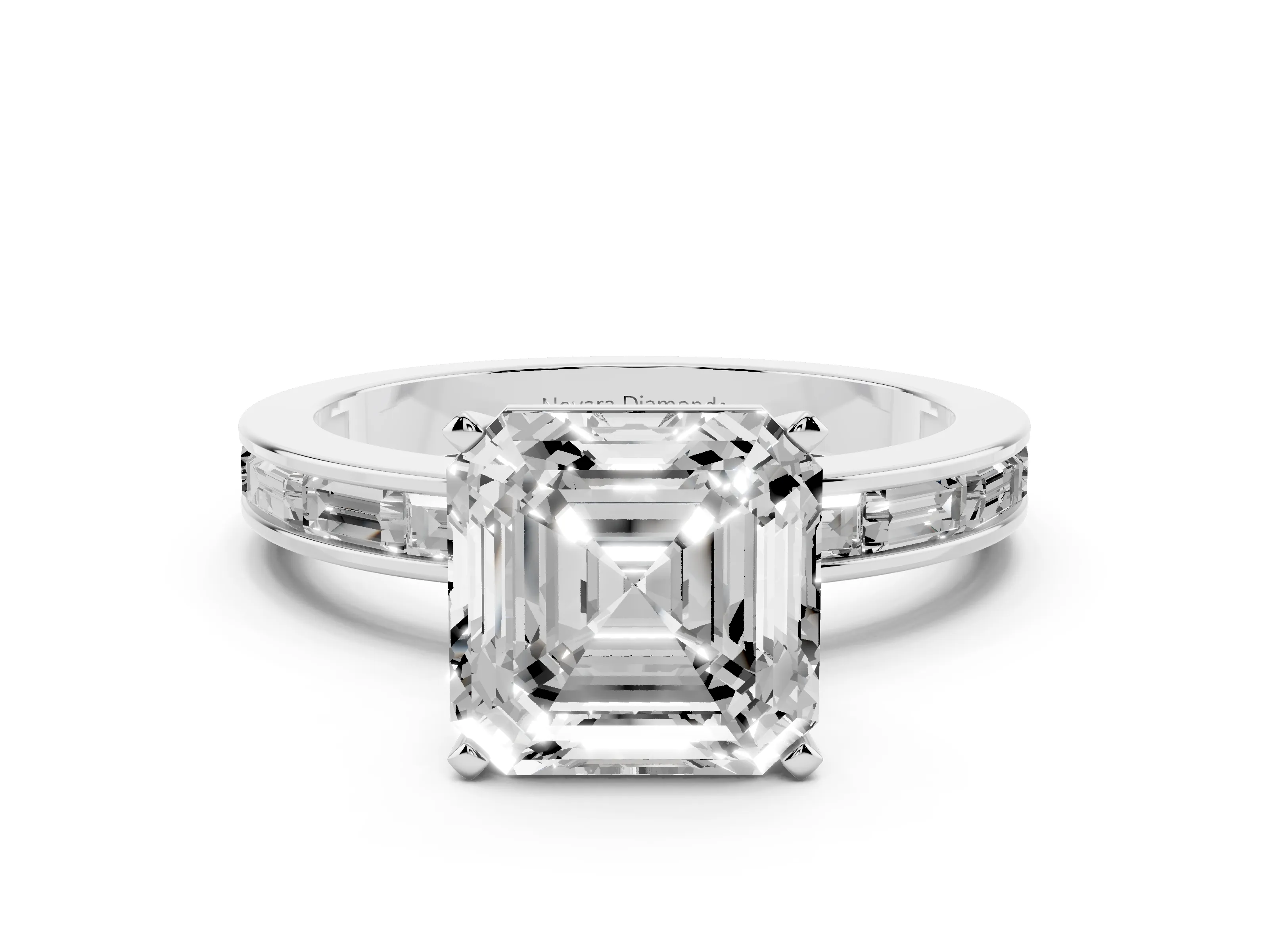 Asscher Cut Diamond Solitaire Ring Set in White gold with Channel-Set Baguette Band and Prong Setting