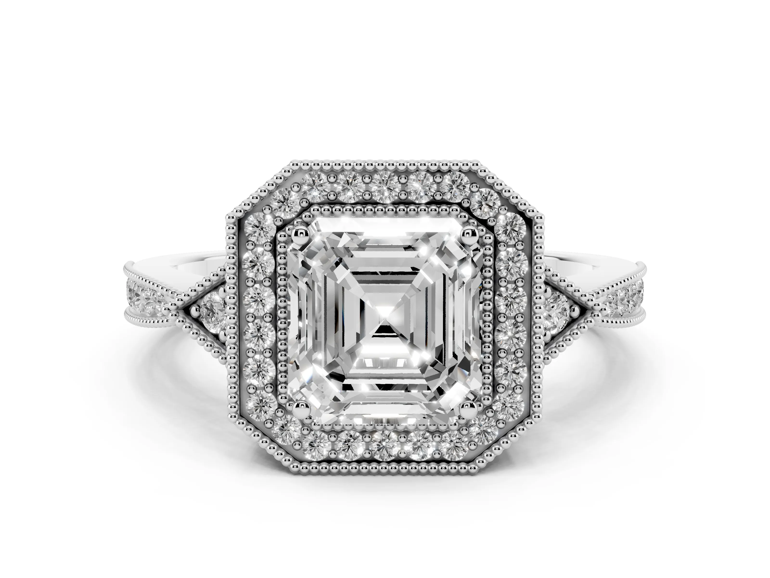 Asscher Cut Diamond Halo Engagement Ring Set in Platinum with Milgrain Pavé Band