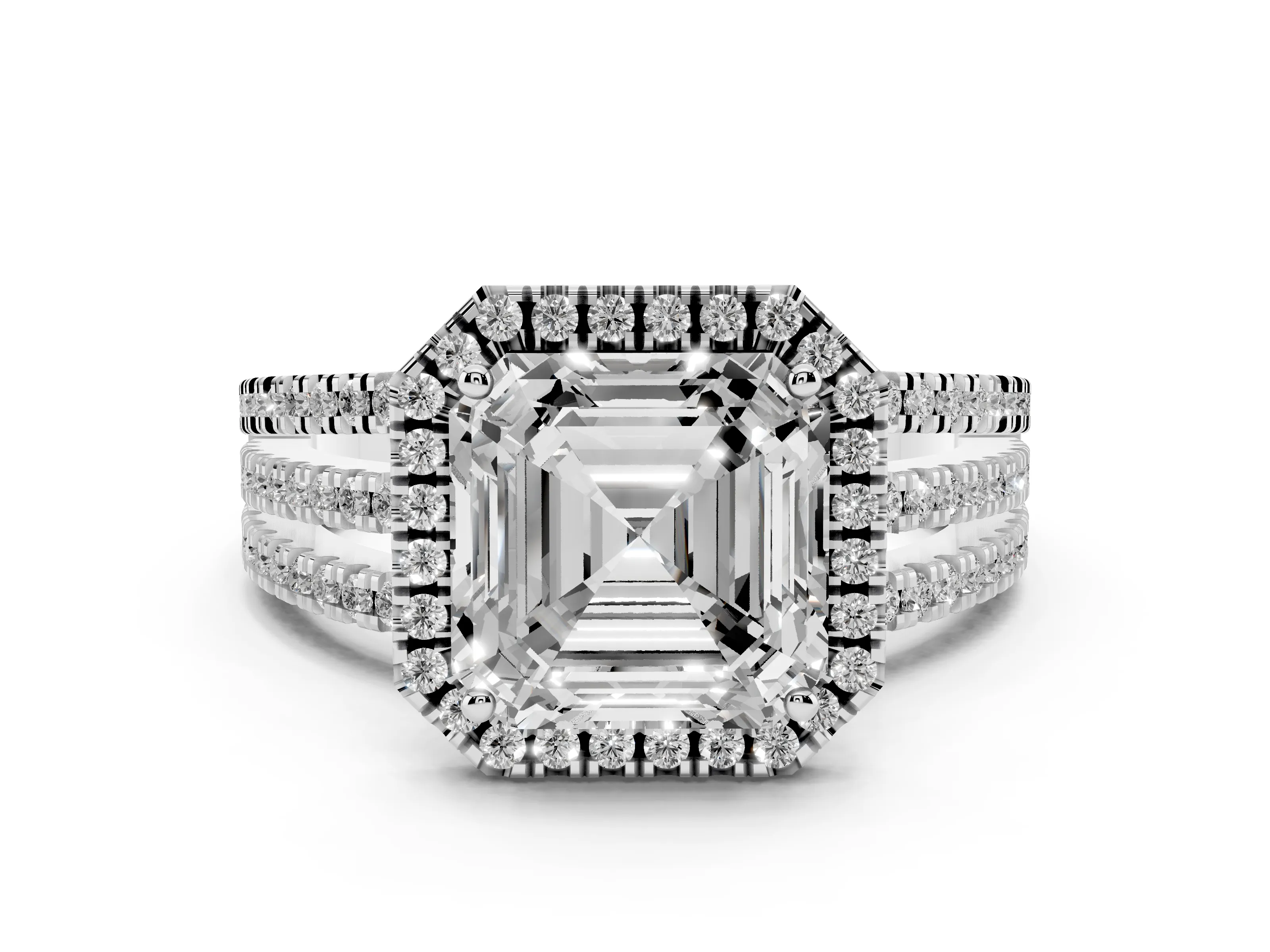Asscher Cut Diamond Halo Split Shank Engagement Ring Set in Platinum with Prong Setting