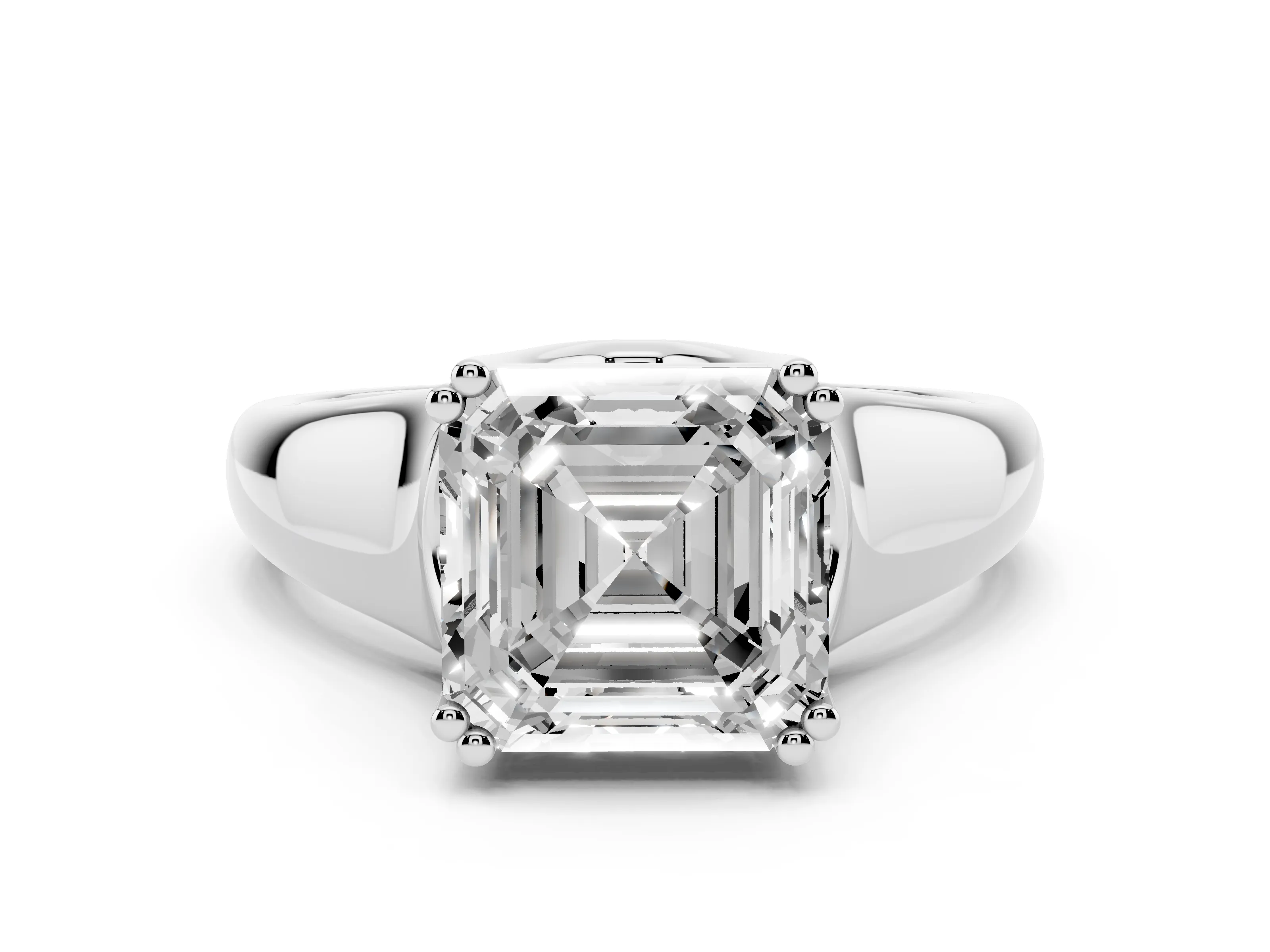 Asscher Cut Diamond Solitaire Ring Set in White gold with Wide Band and Prong Setting