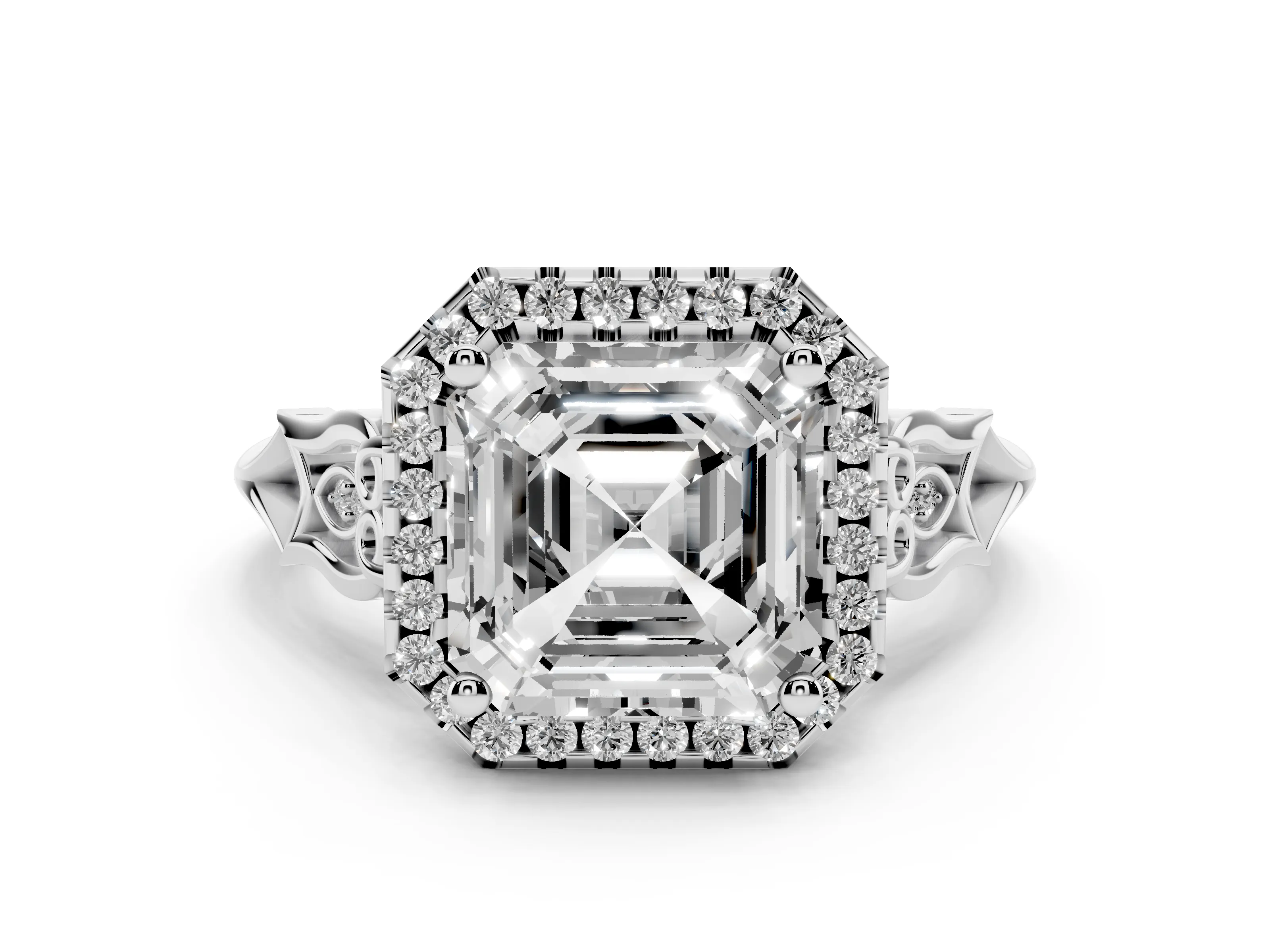 Asscher Cut Diamond Halo Engagement Ring Set in White gold with Filigree Band and Prong-Set Center