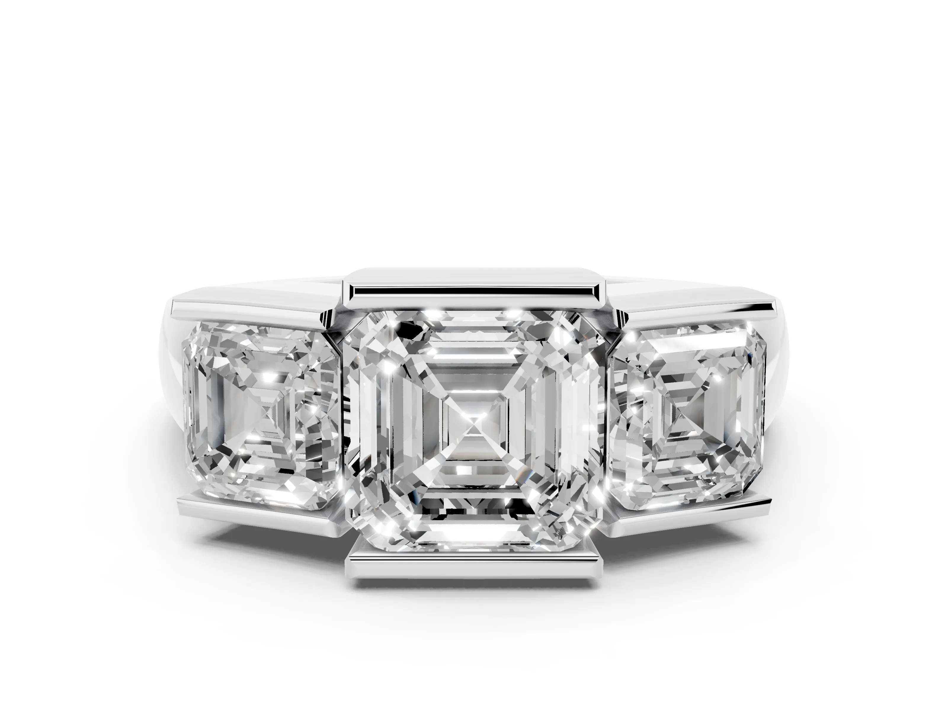 Asscher Cut Diamond Three-Stone Channel Set Ring Set in White gold with Smooth Polished Band