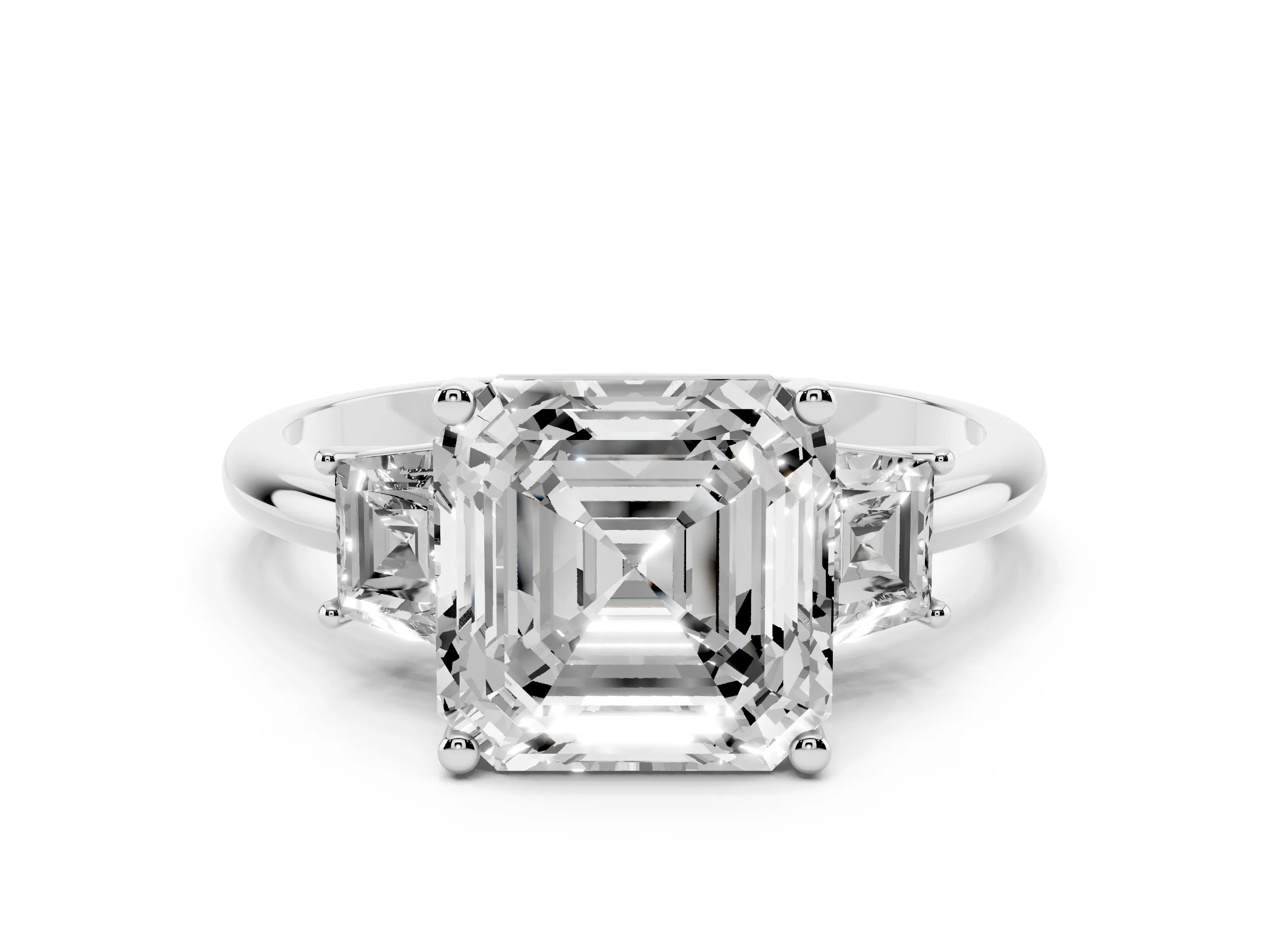 Asscher Cut Diamond Three-Stone Ring Set in Silver with Trapezoid Side Stones and Prong Setting