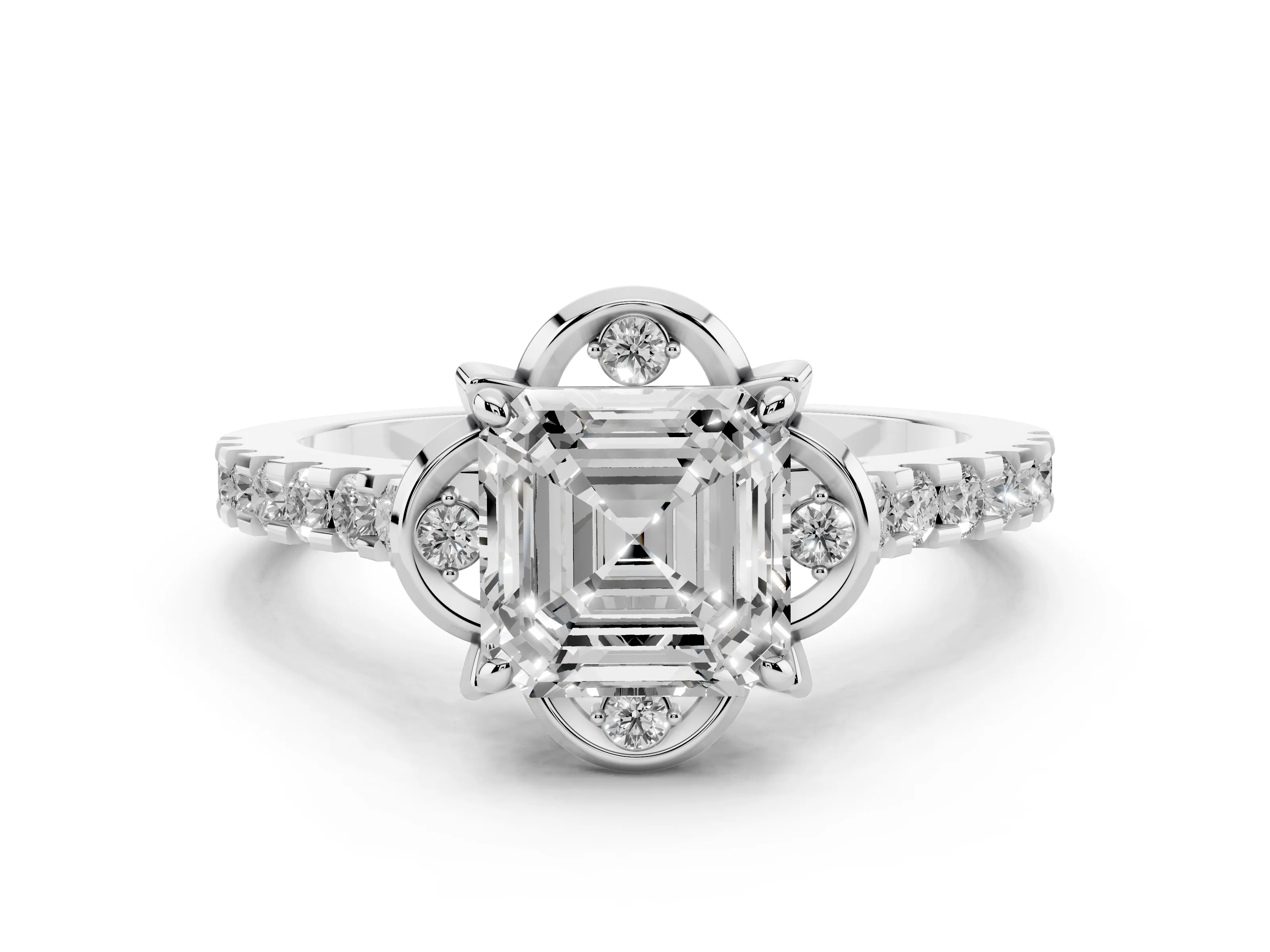 Asscher Cut Diamond Solitaire Ring Set in Platinum with Pavé Band and Floral Prong Setting