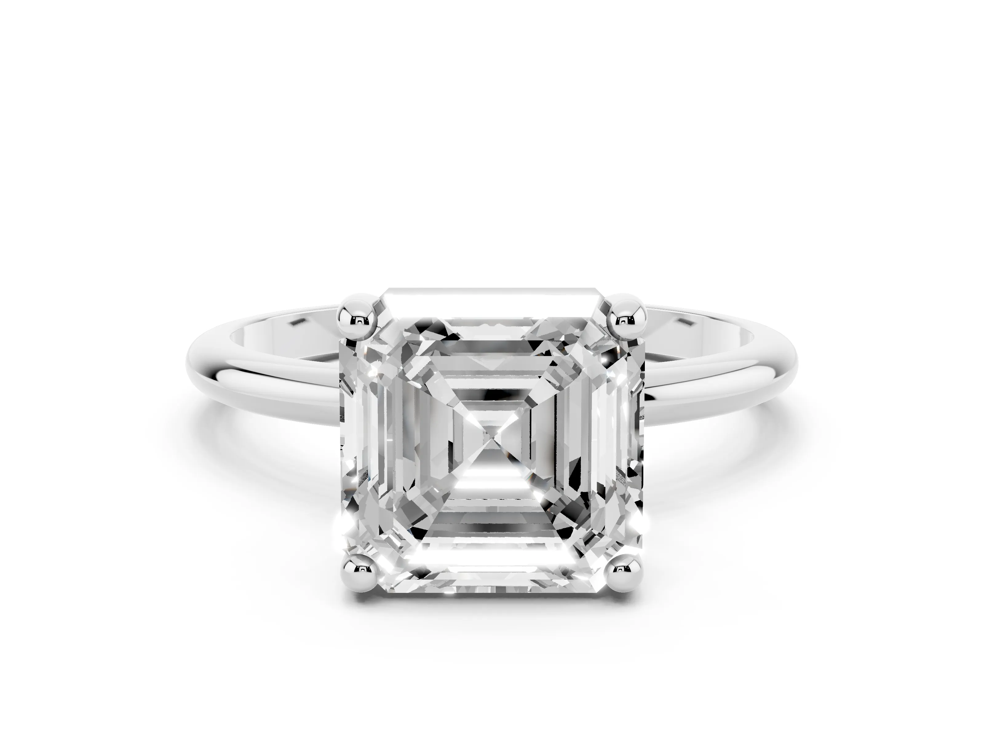 Asscher Cut Diamond Solitaire Ring Set in White gold with Secure Prong Setting on a Classic Band