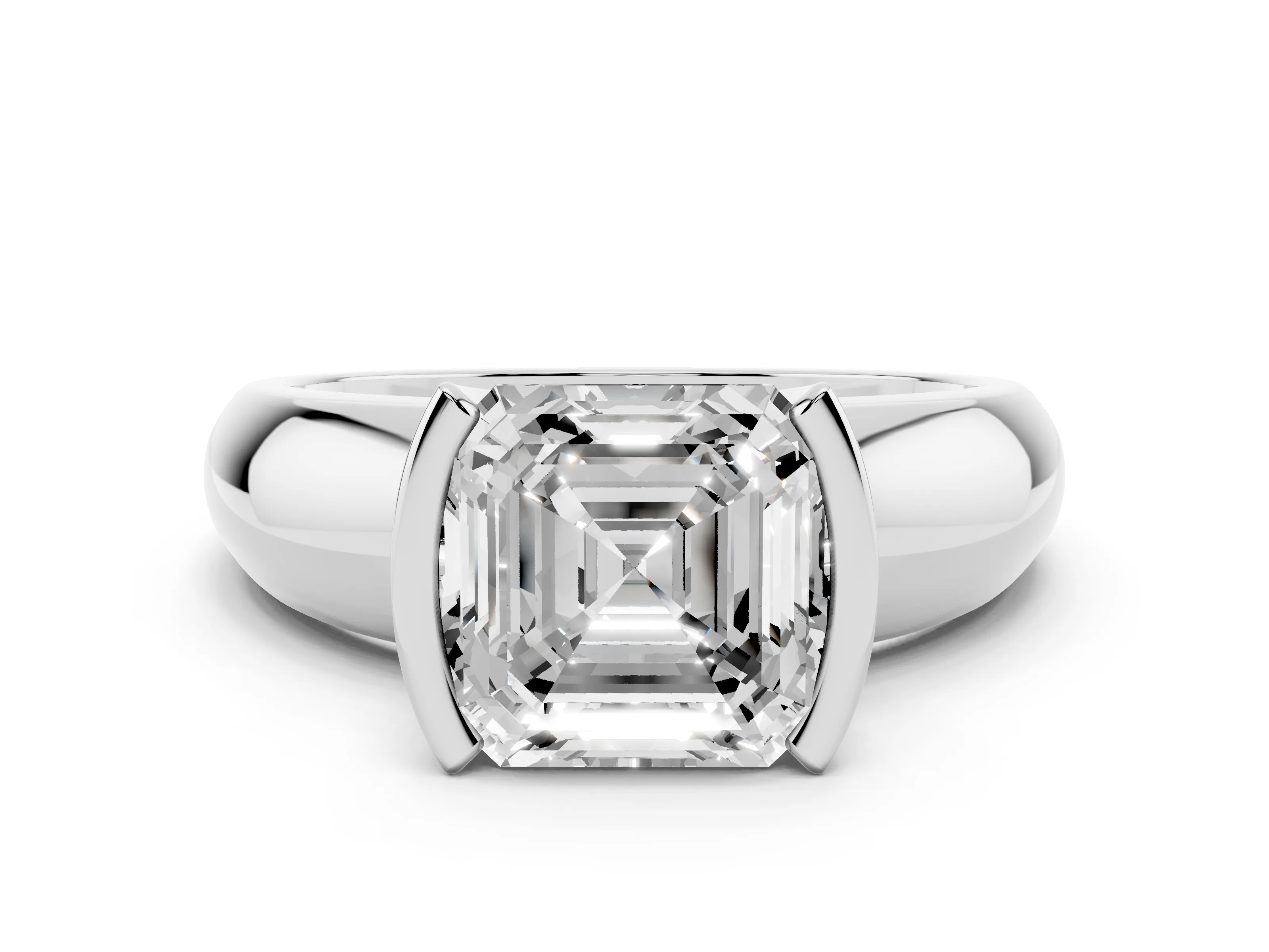 Asscher Cut Diamond Solitaire Tension Set Ring Set in White gold with Wide Band