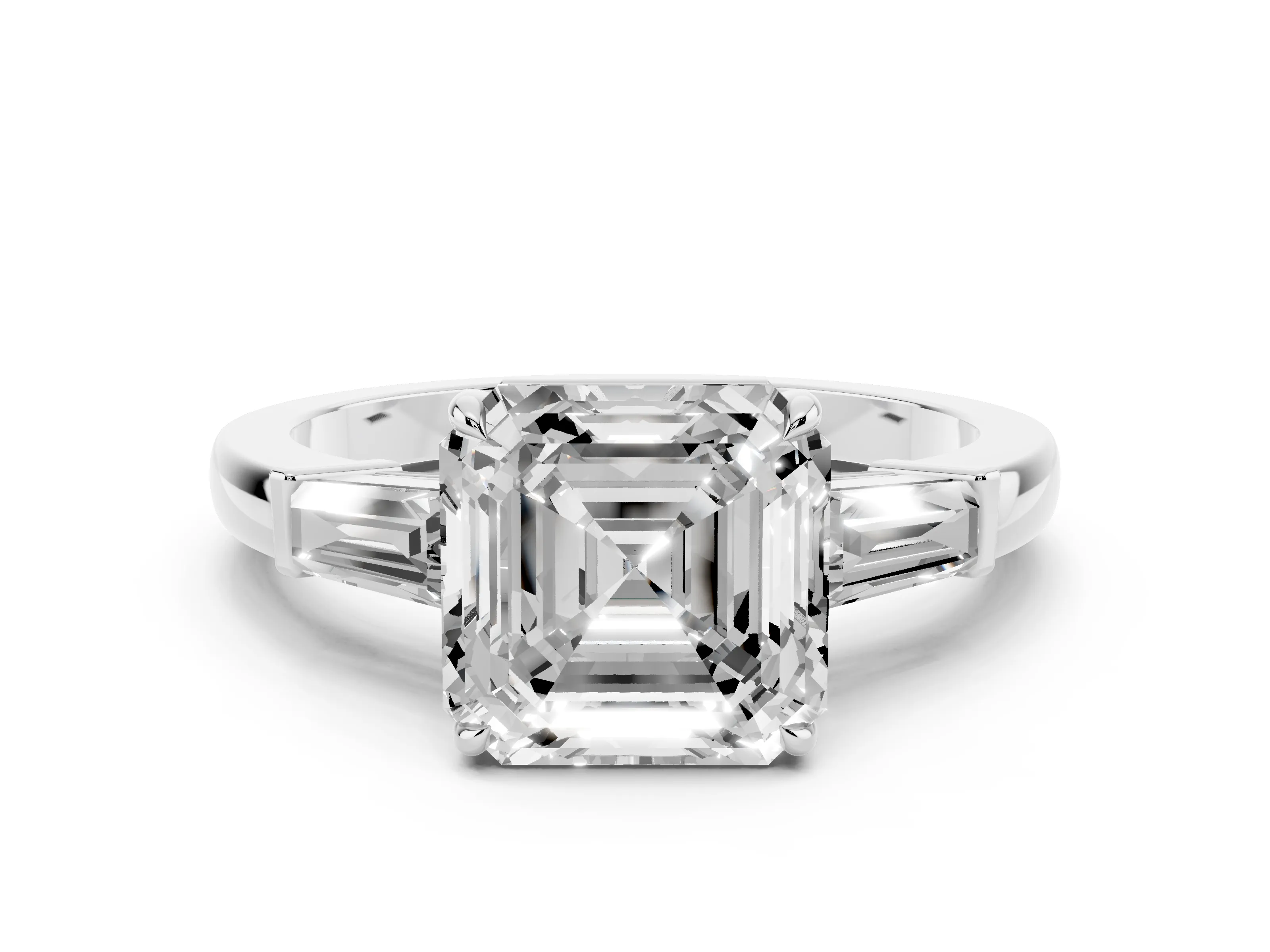 Asscher Cut Diamond Three-Stone Ring Set in White gold with Tapered Baguette Side Stones and Prong Setting
